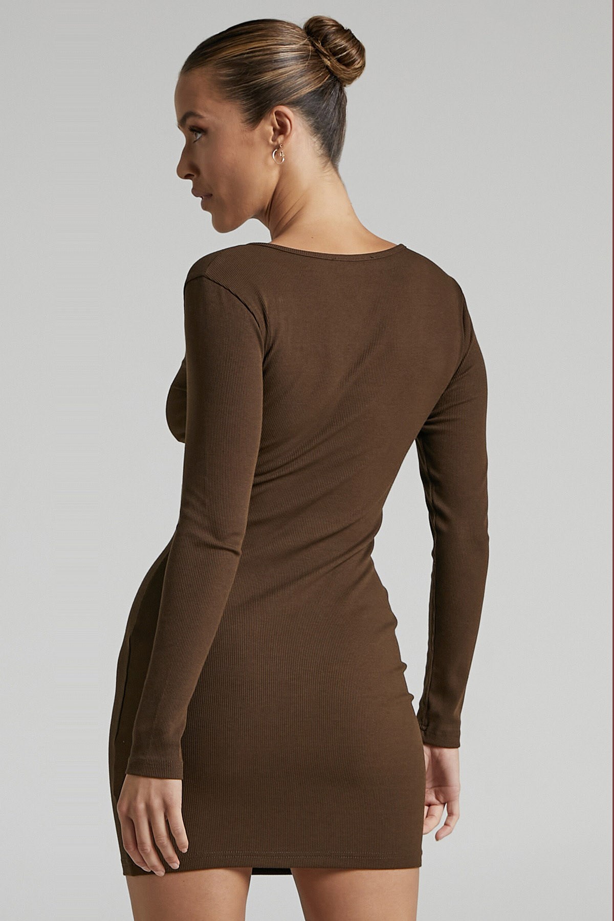 Kahverengi Uzun Kollu Basic Mini Kadın Elbise- Madmext
