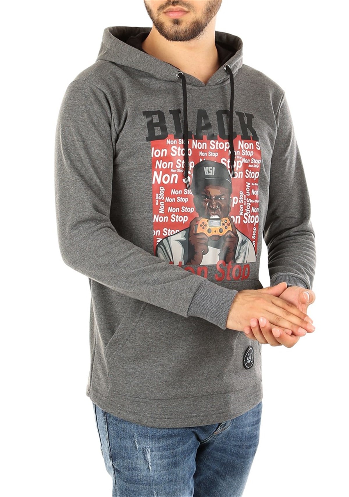 Kapşonlu Baskılı Sweatshirt Füme 2779