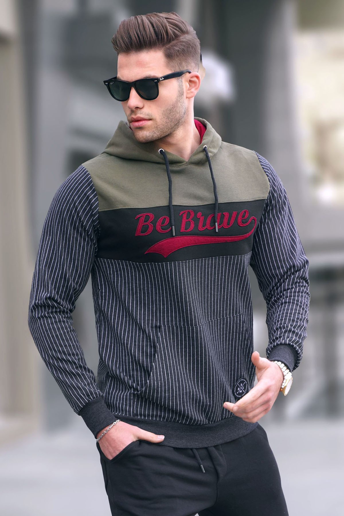 Kapşonlu Çizgili Sweatshirt Füme 2815