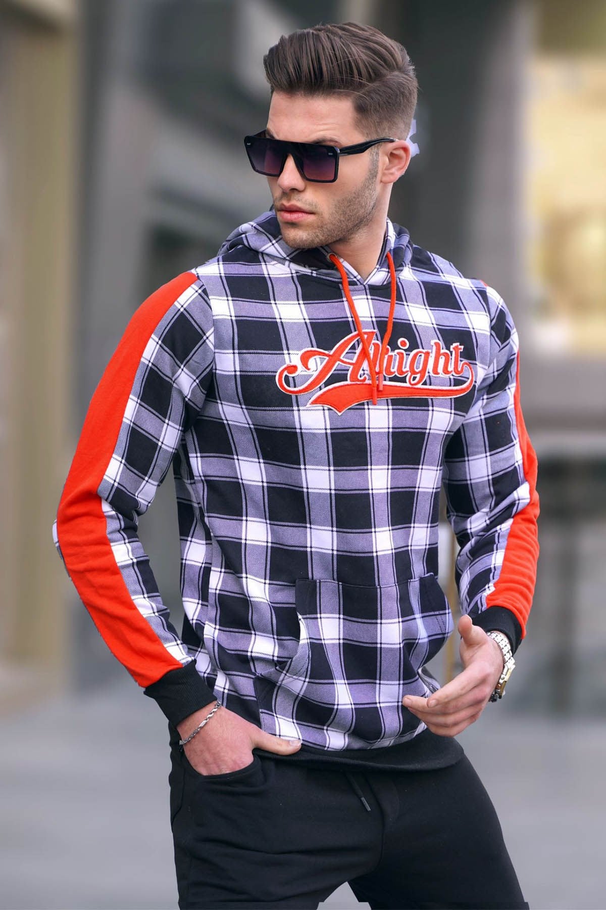 Kapşonlu Ekoseli Sweatshirt Beyaz 2843