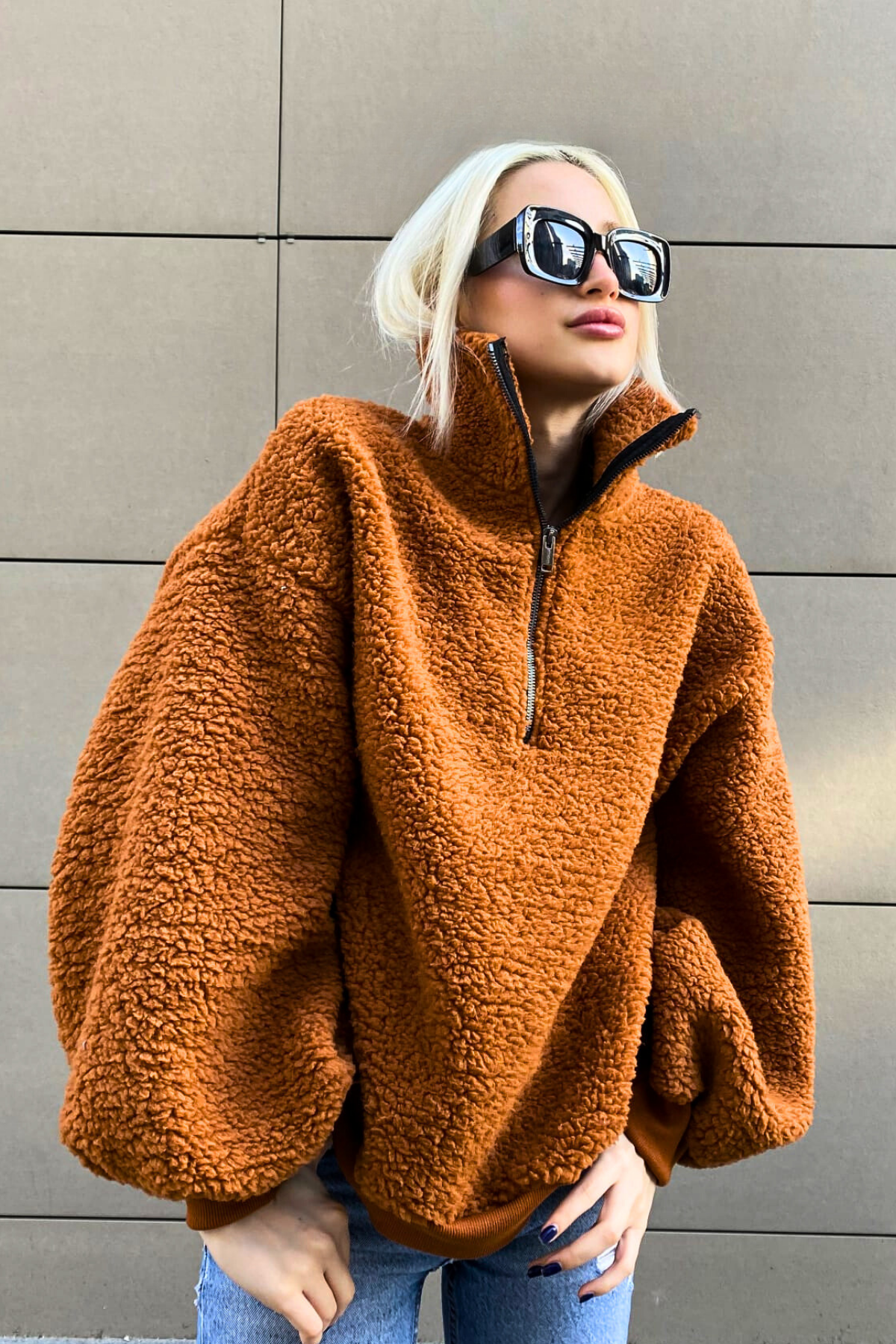 Kiremit Peluş Fermuar Yaka Sweatshirt MG1413
