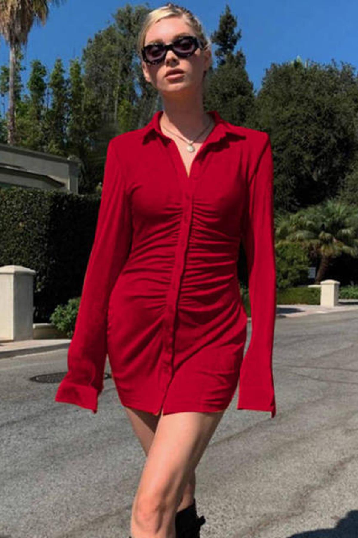 Kırmızı Büzgülü Mini Gömlek Elbise - Madmext