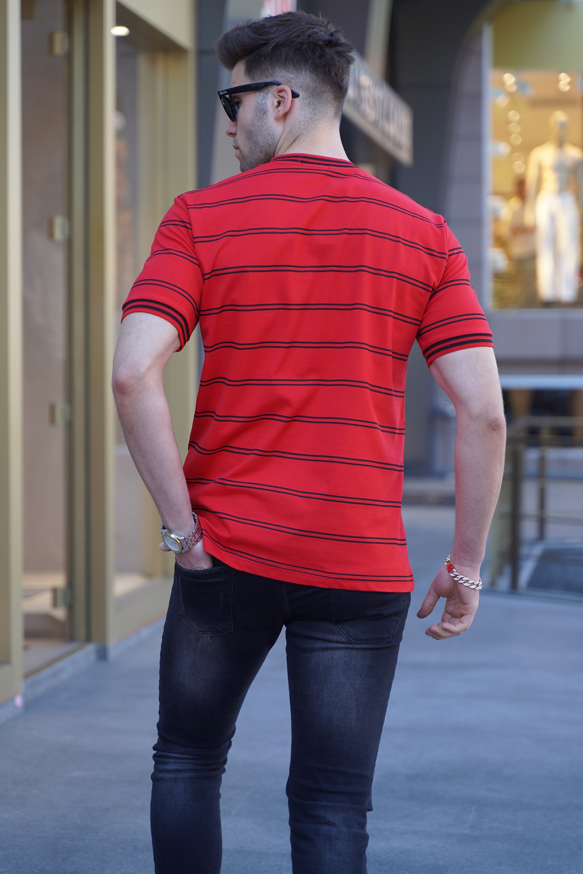 Kırmızı Çizgili Polo Yaka Erkek Tişört - Madmext
