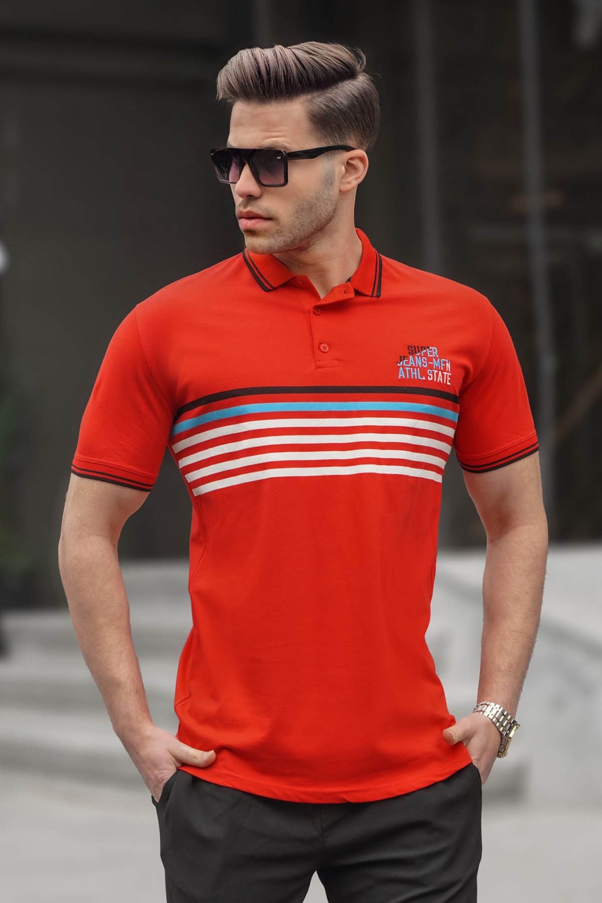 Kırmızı Çizgili Polo Yaka Tişört 5869