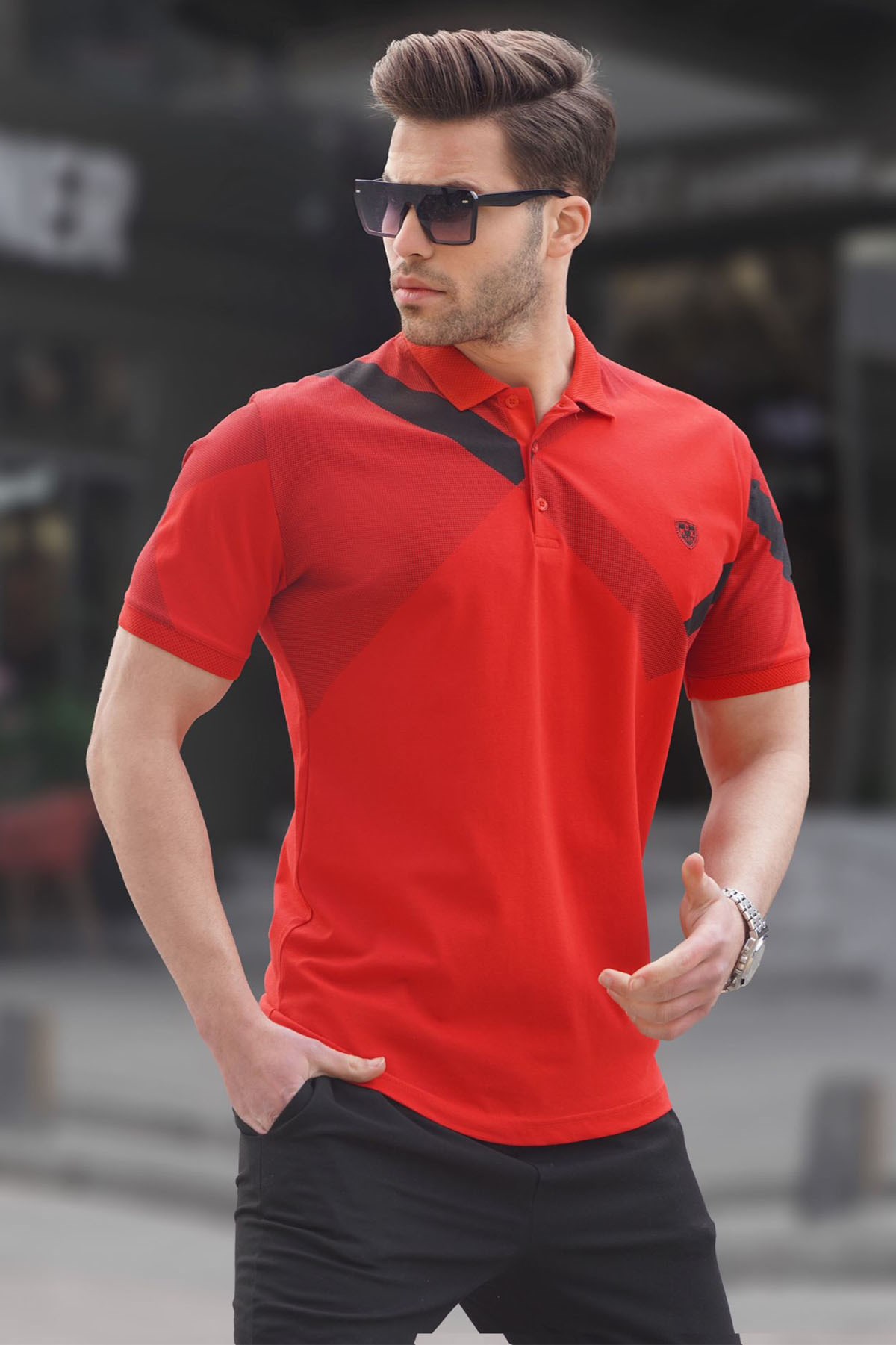 Kırmızı Desenli Polo Yaka Erkek Tişört - Madmext