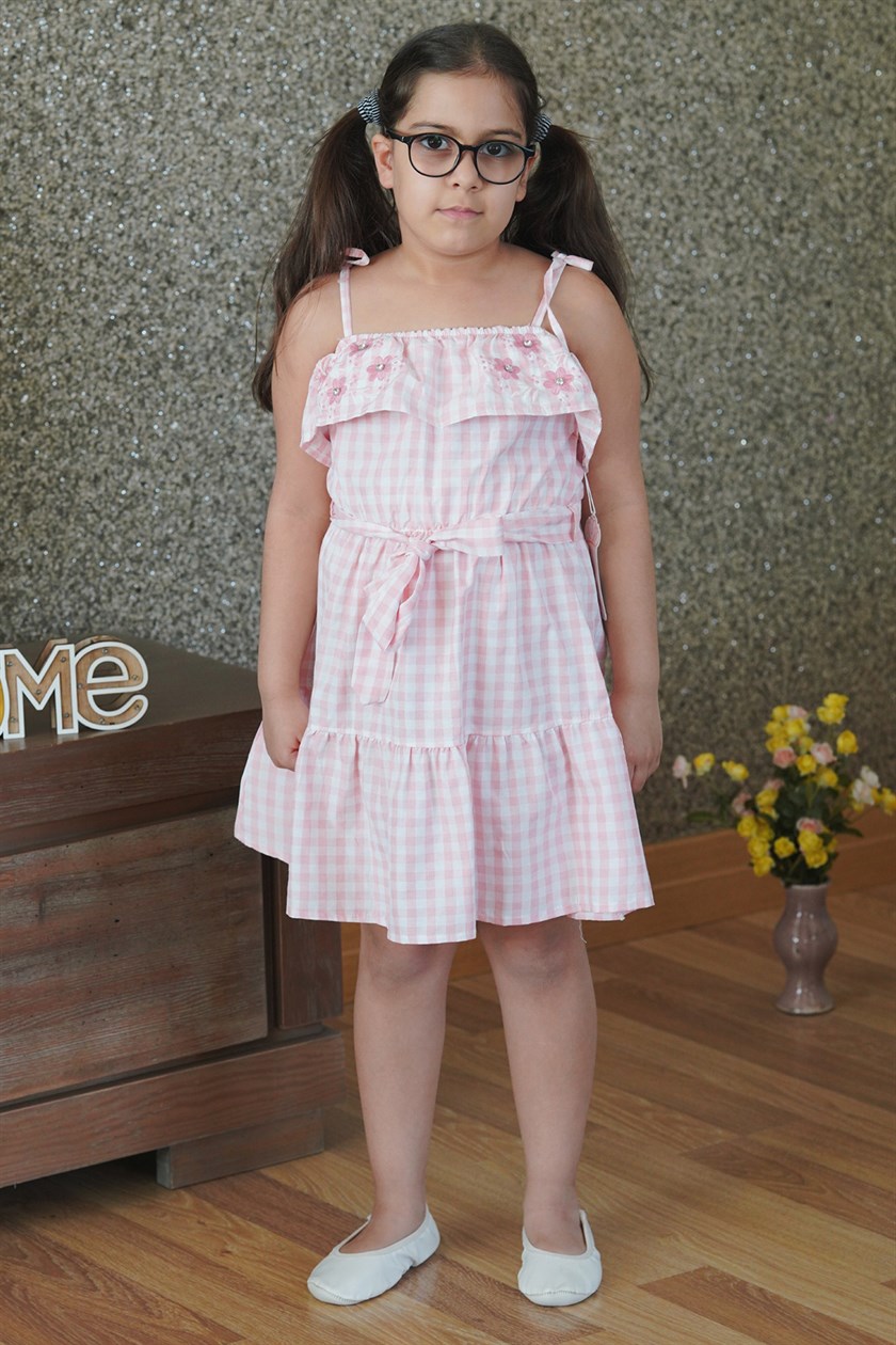 Kız Çocuk Askılı Çiçekli Pembe Elbise MK15011
