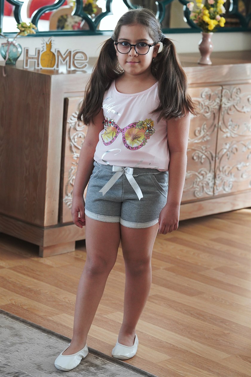 Kız Çocuk Baskılı Sıfır Kol Pembe Tişört MK15017
