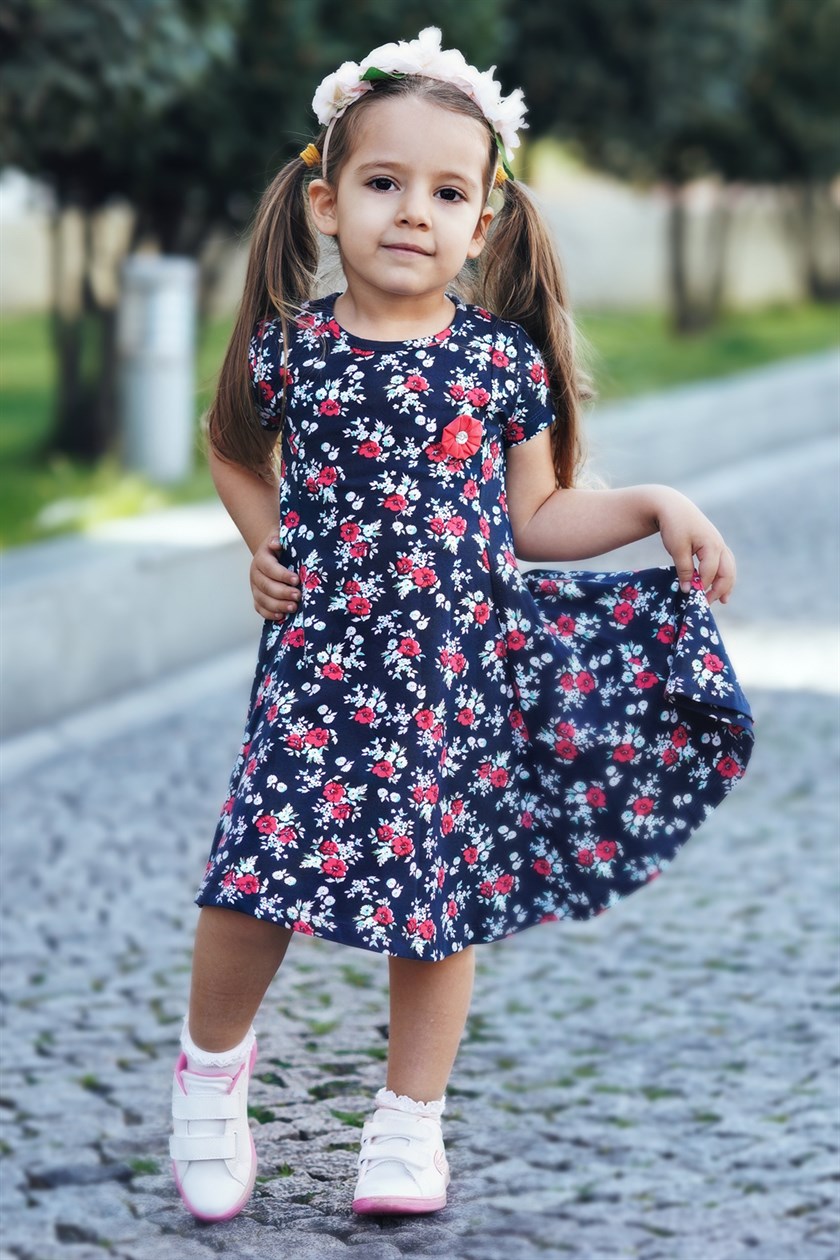 Kız Çocuk Çiçekli Lacivert Elbise MK15024