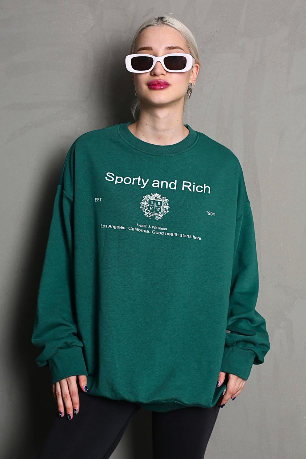 Koyu Yeşil Bisiklet Yaka Baskılı Oversize Kadın Sweatshirt MG1577