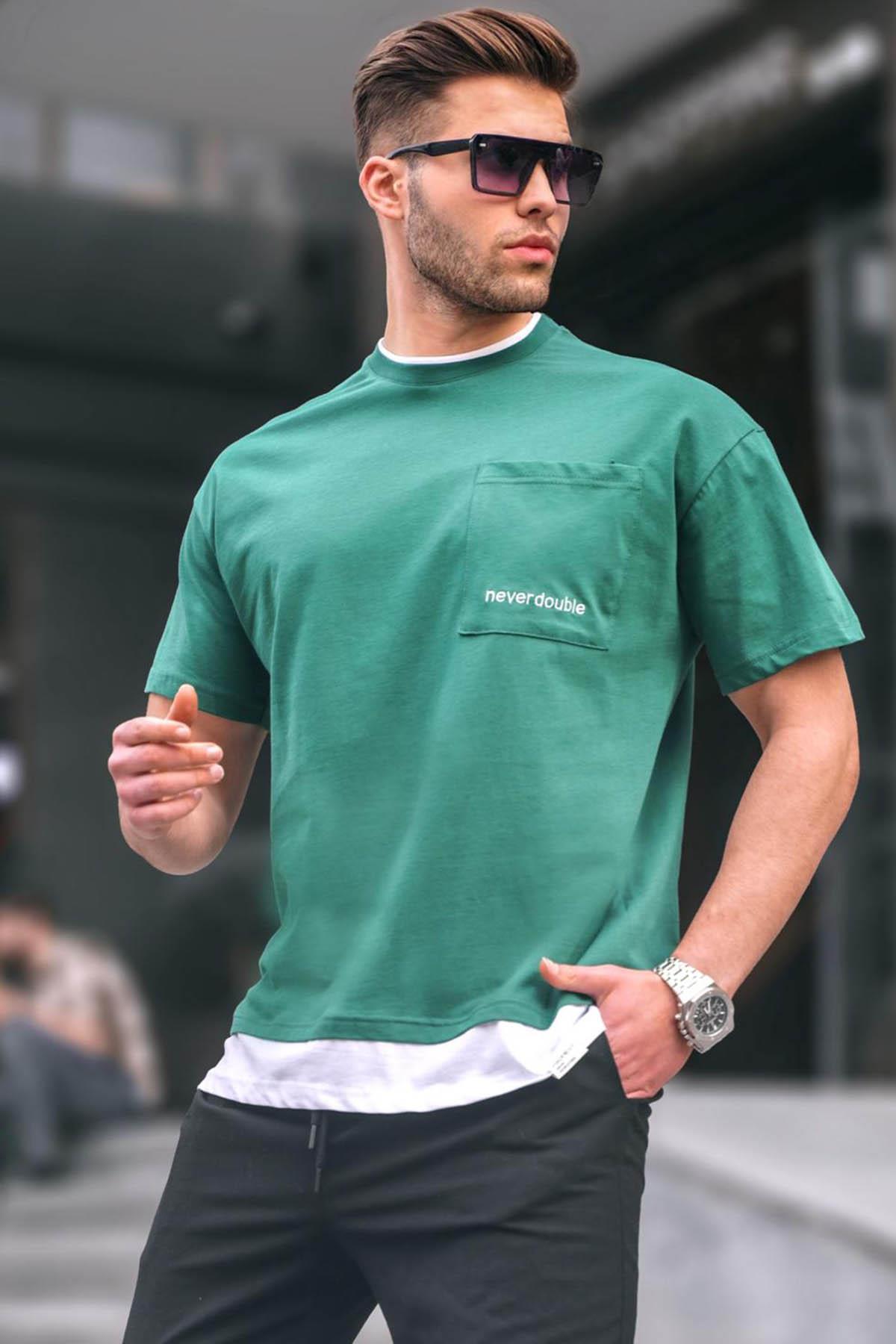 Koyu Yeşil Parçalı Basic Erkek Tişört - Madmext