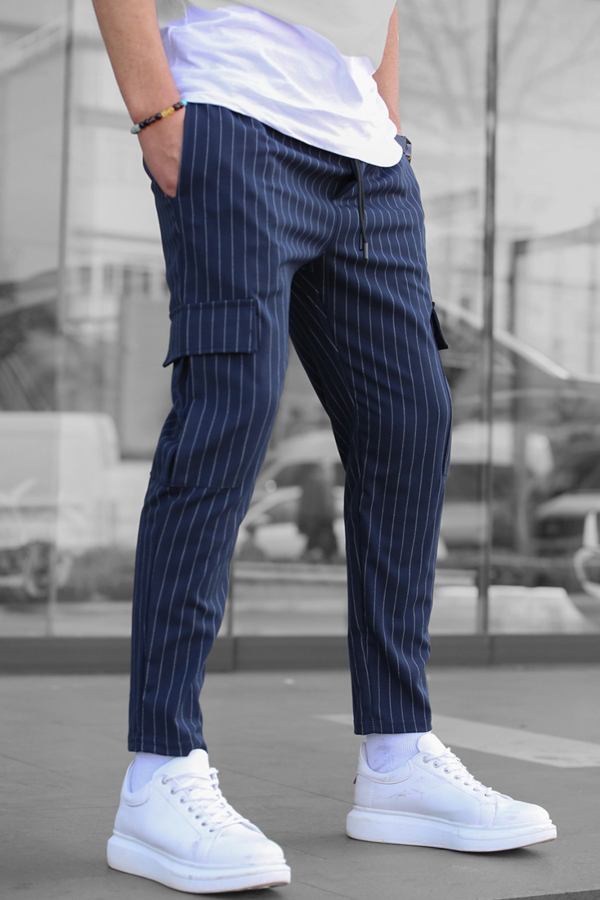 Men Striped Navy Blue Cargo Trousers -- Madmext