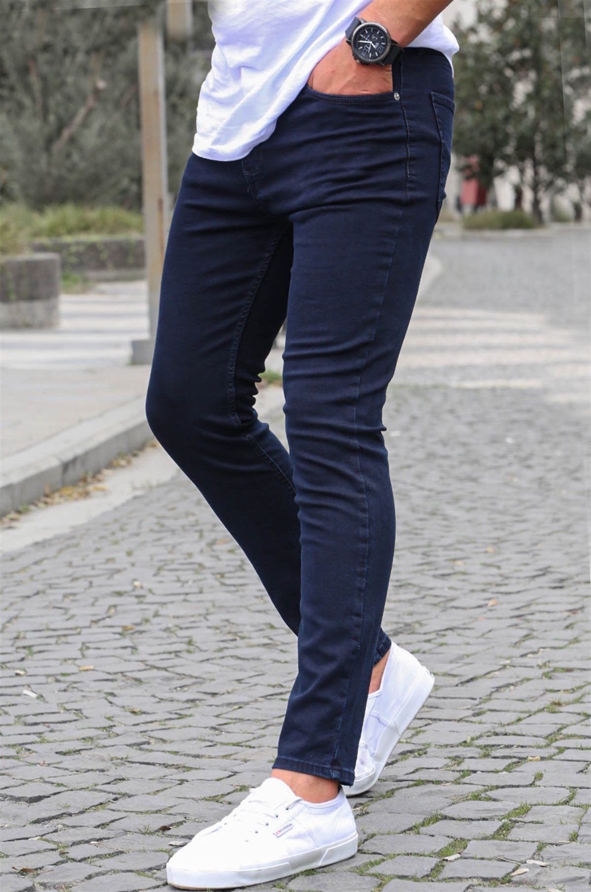 Navy Blue Skinny Fit Jeans -- Madmext