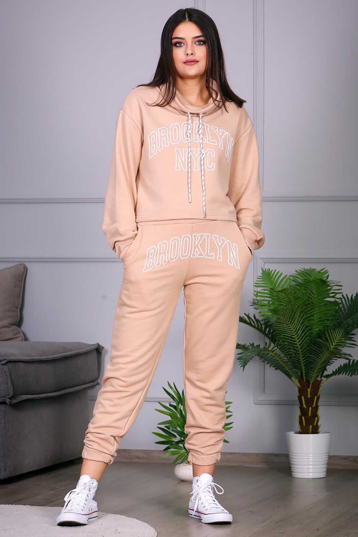Mad Girls Beige Printed Tracksuit Set MG685
