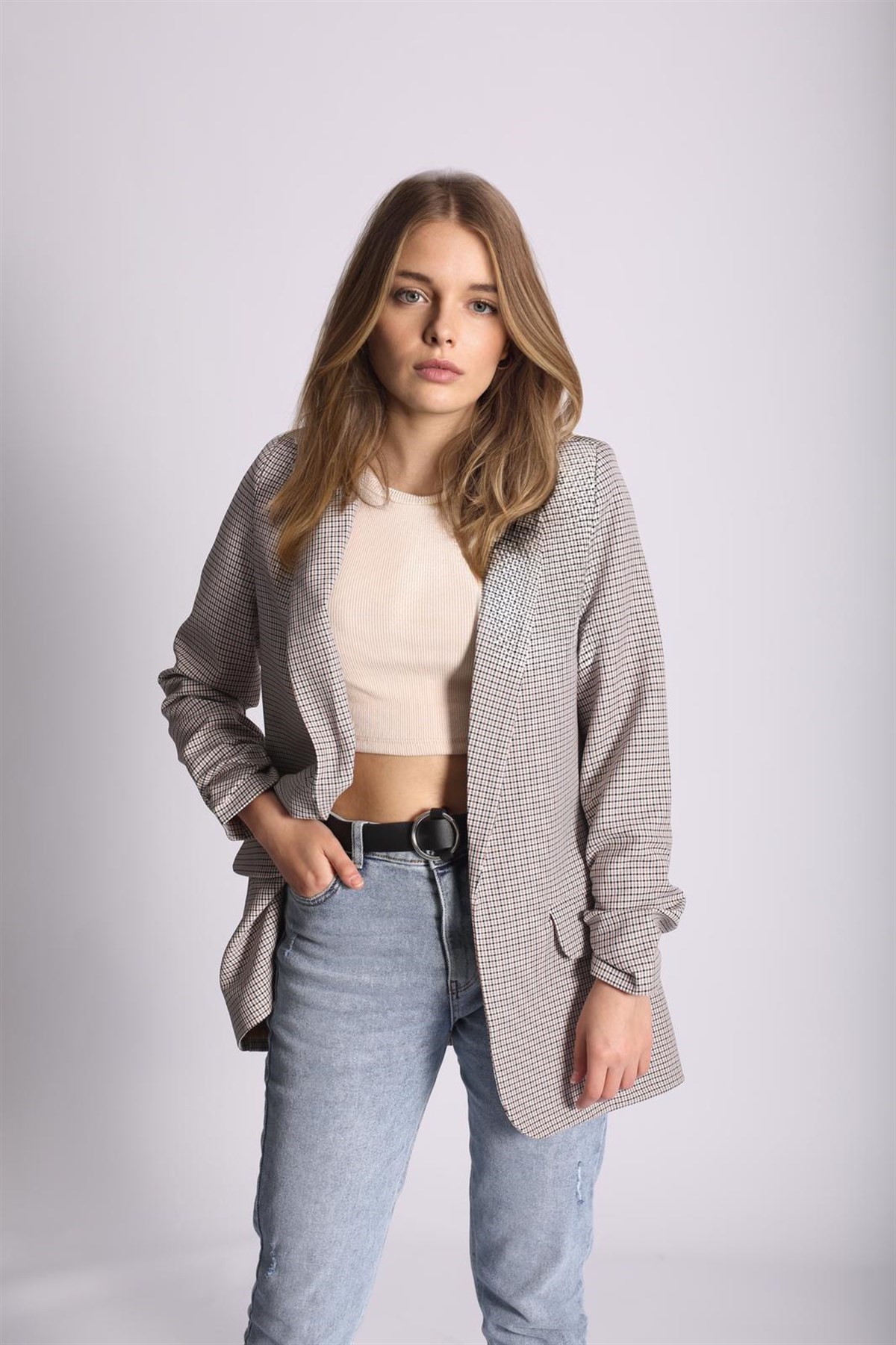 Mad Girls Beige Checkered Women Blazer MG753
