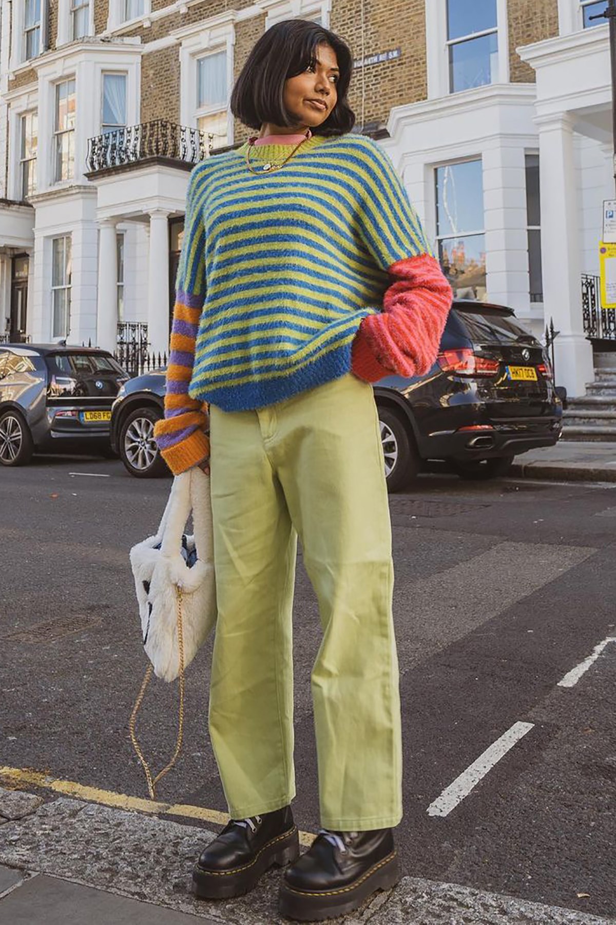 Sweater Yellow Top Green Pants Yellow Plain Round Neck Sweater