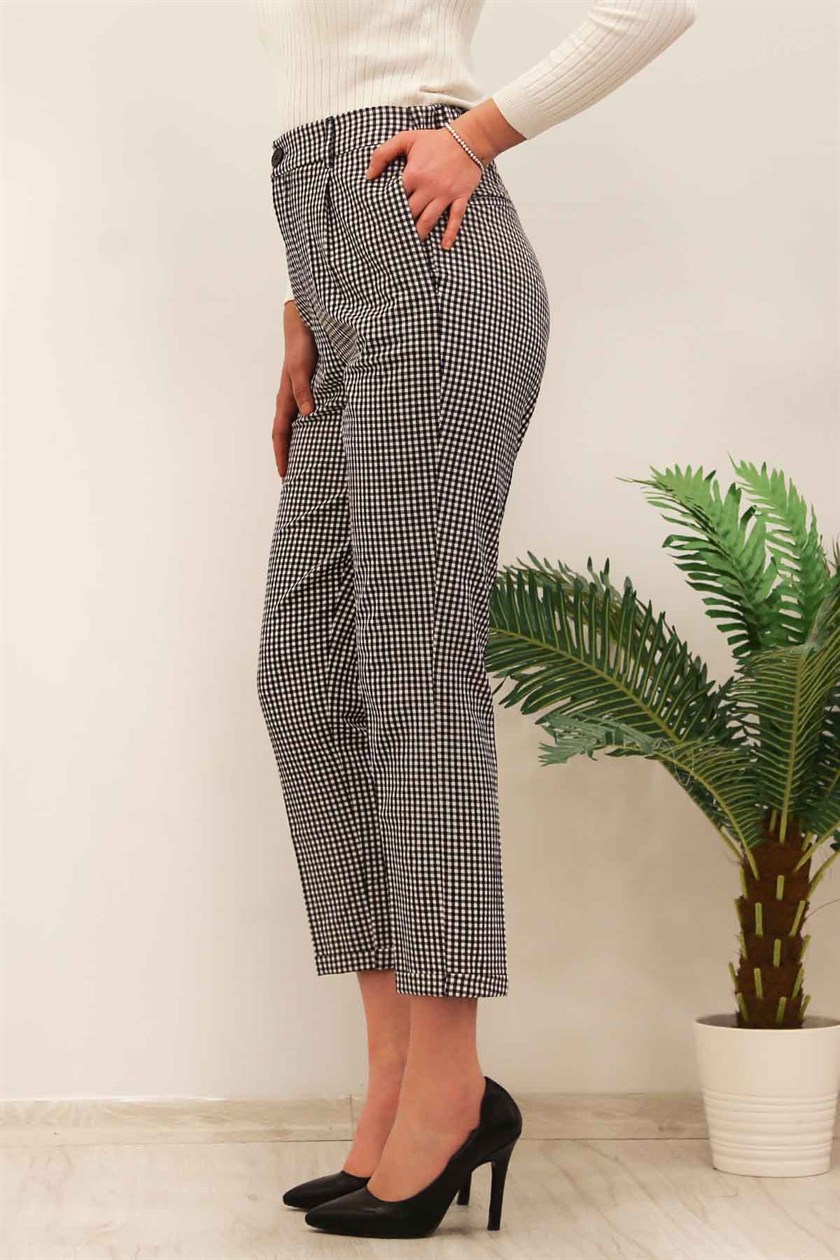 Mad Girls Ekoseli Kumaş Duble Siyah Pantolan MG118