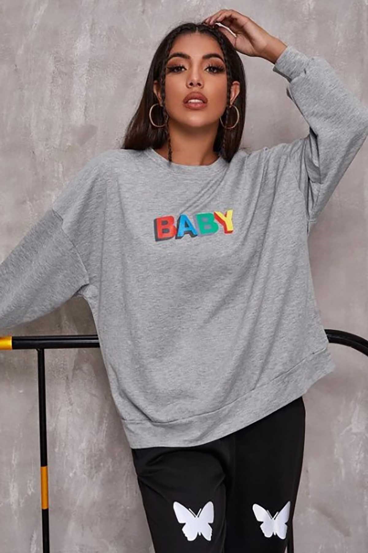 Mad Girls Gri Baby Baskılı Sweatshirt MG791