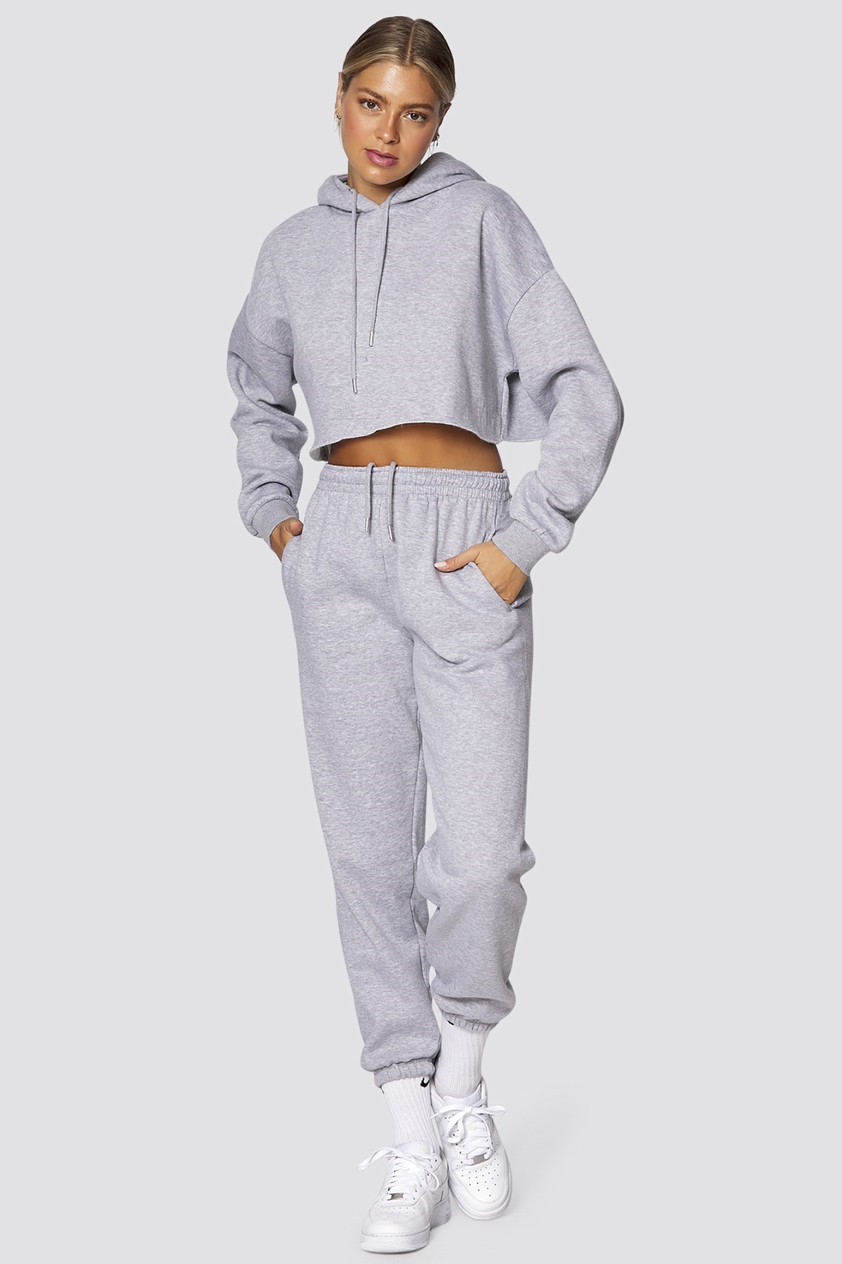 Mad Girls Gray Hooded Women Tracksuit Set MG467