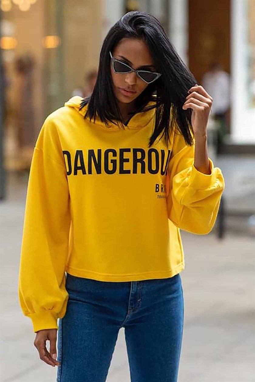 Mad Girls Kapşonlu Sarı Sweatshirt MG029
