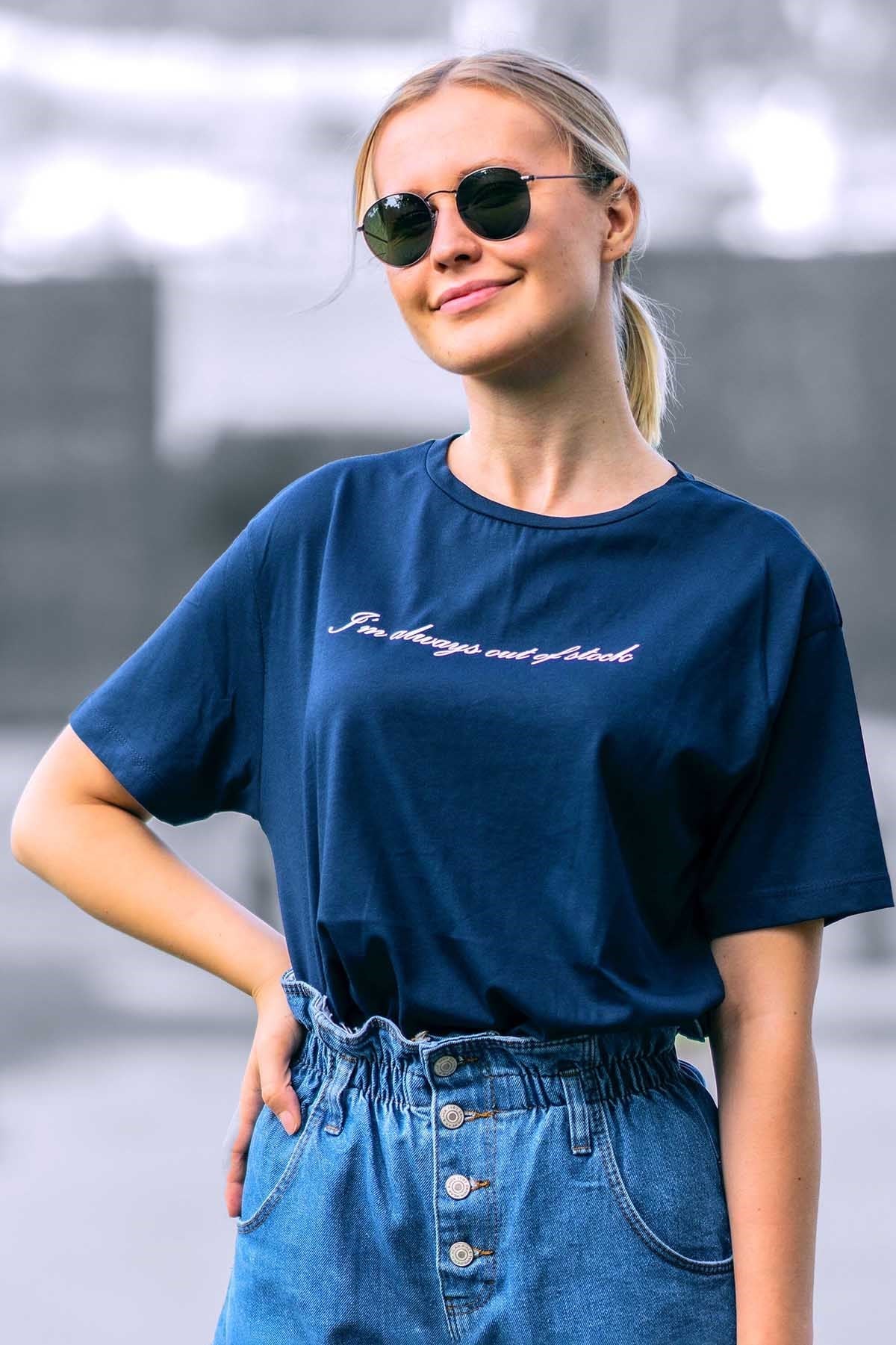 Mad Girls Lacivert Baskılı Tişört MG457