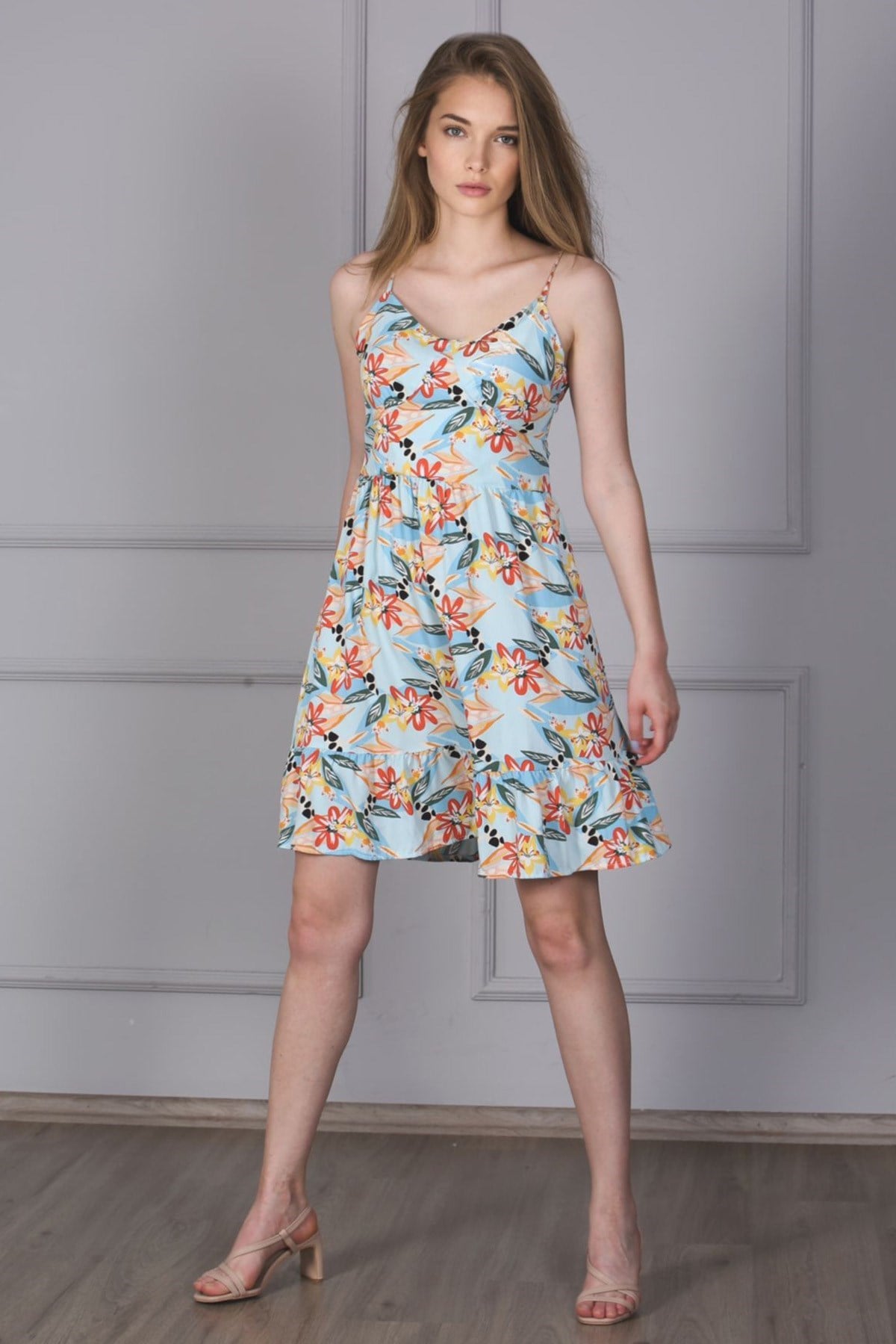 Mad Girls Mavi Çiçekli Elbise MG1172