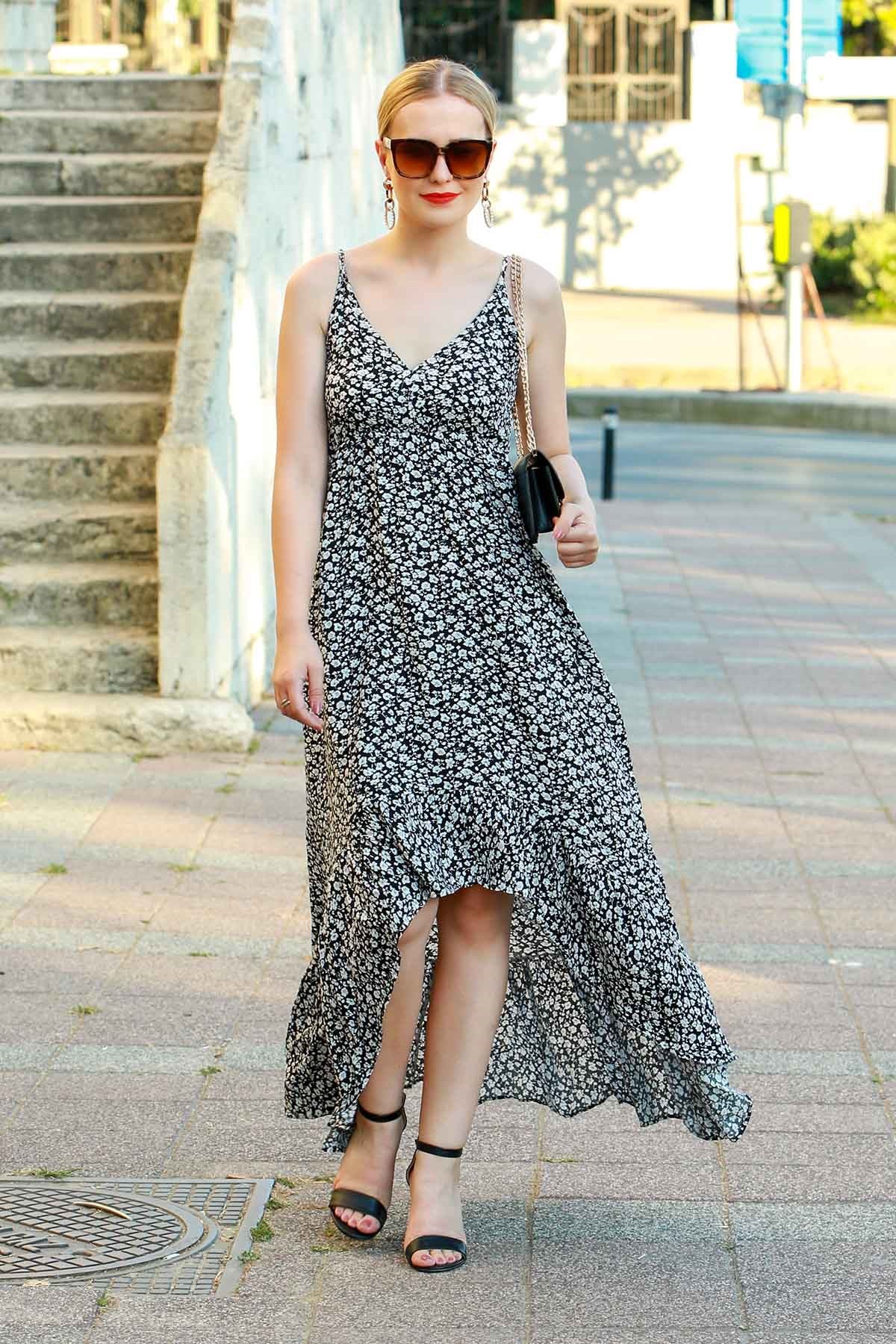 Mad Girls Black Asymmetric Frilled Strappy Dress MG605