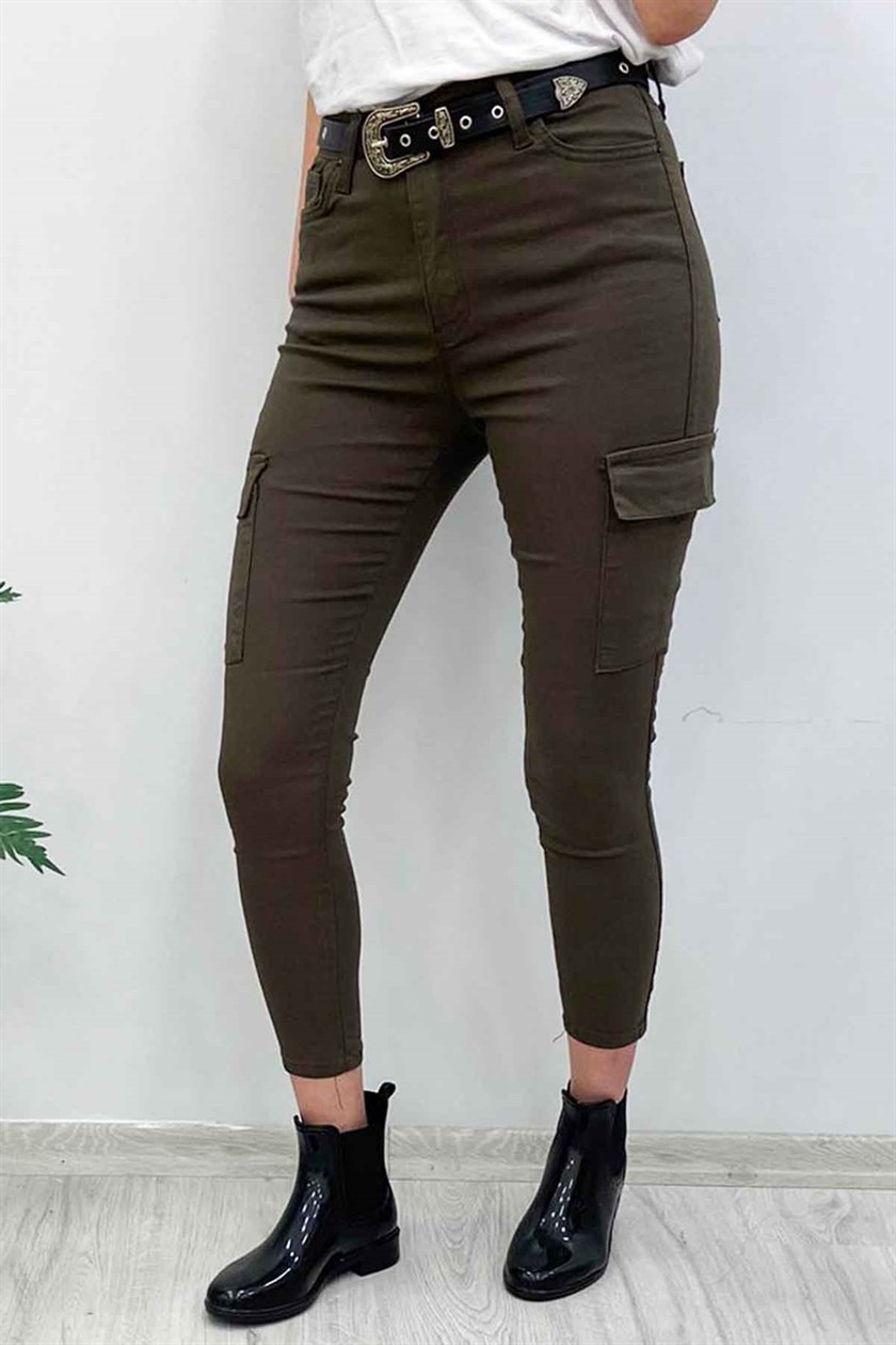 Mad Girls Slim Fit Kargo Cep Haki Kadın Pantolon MG221
