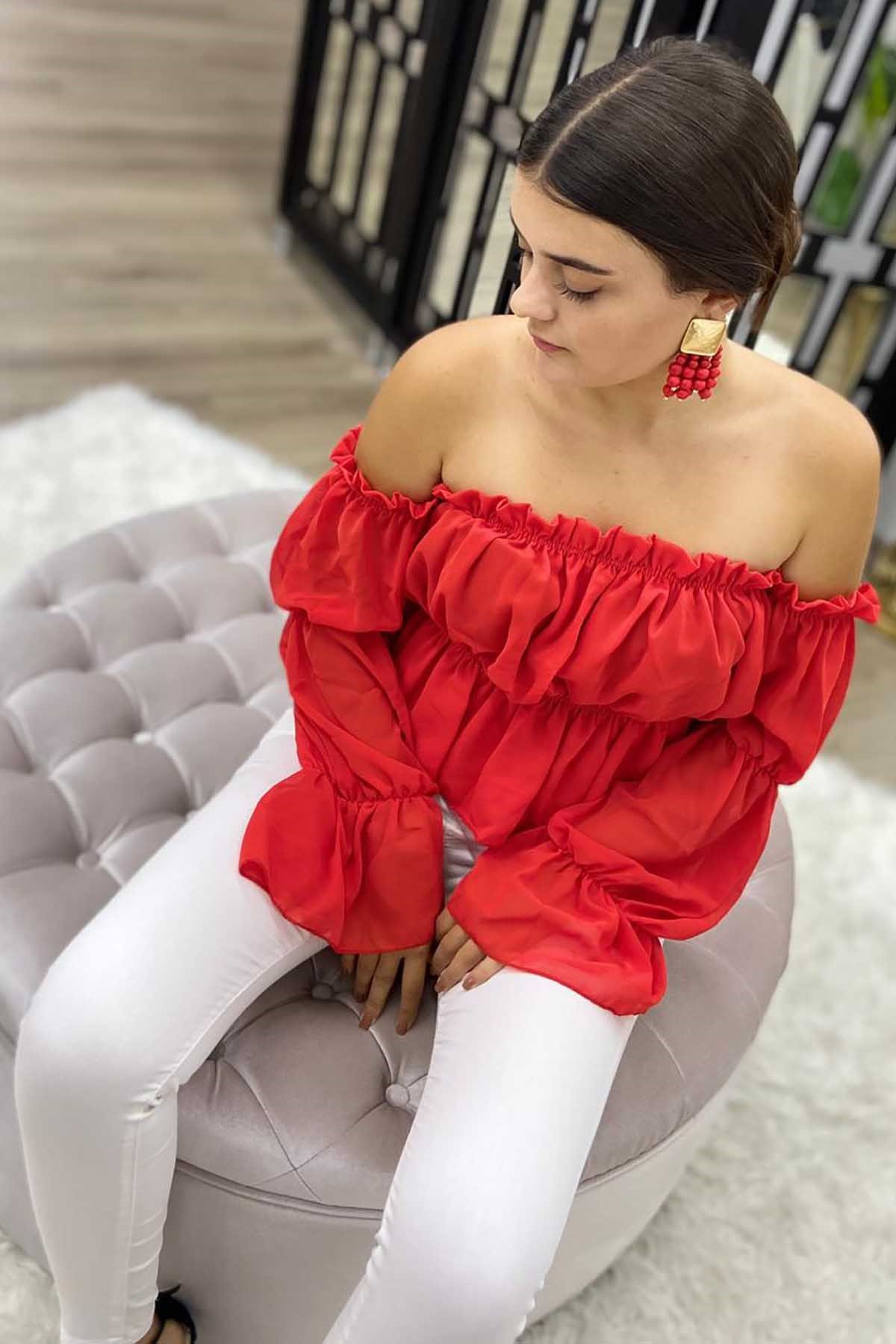 red strapless blouse