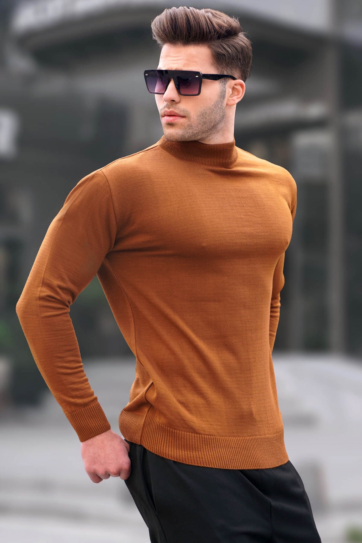 Madmext Açık Kahverengi Slim Fit Yarım Balıkçı Yaka Erkek Triko Kazak 6343