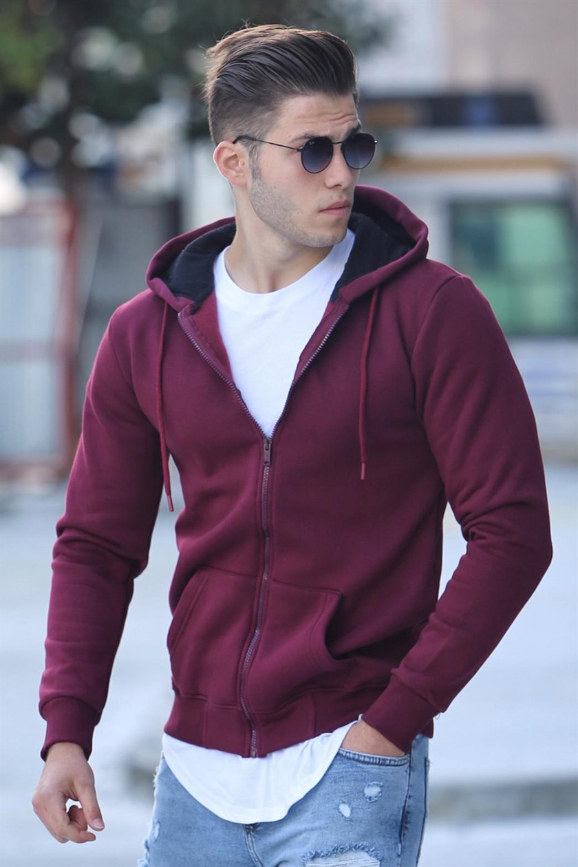 Madmext Basic Bordo Fermuarlı Kapşonlu Sweatshirt 4174