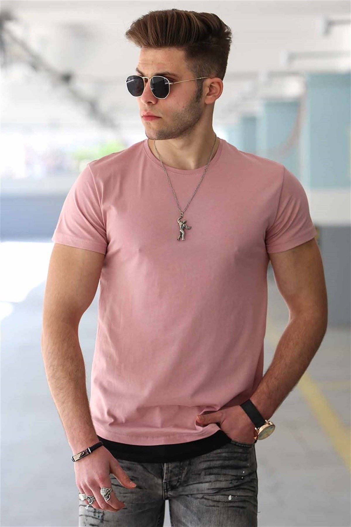 Madmext Powder Pink Colour T-shirt for Men
