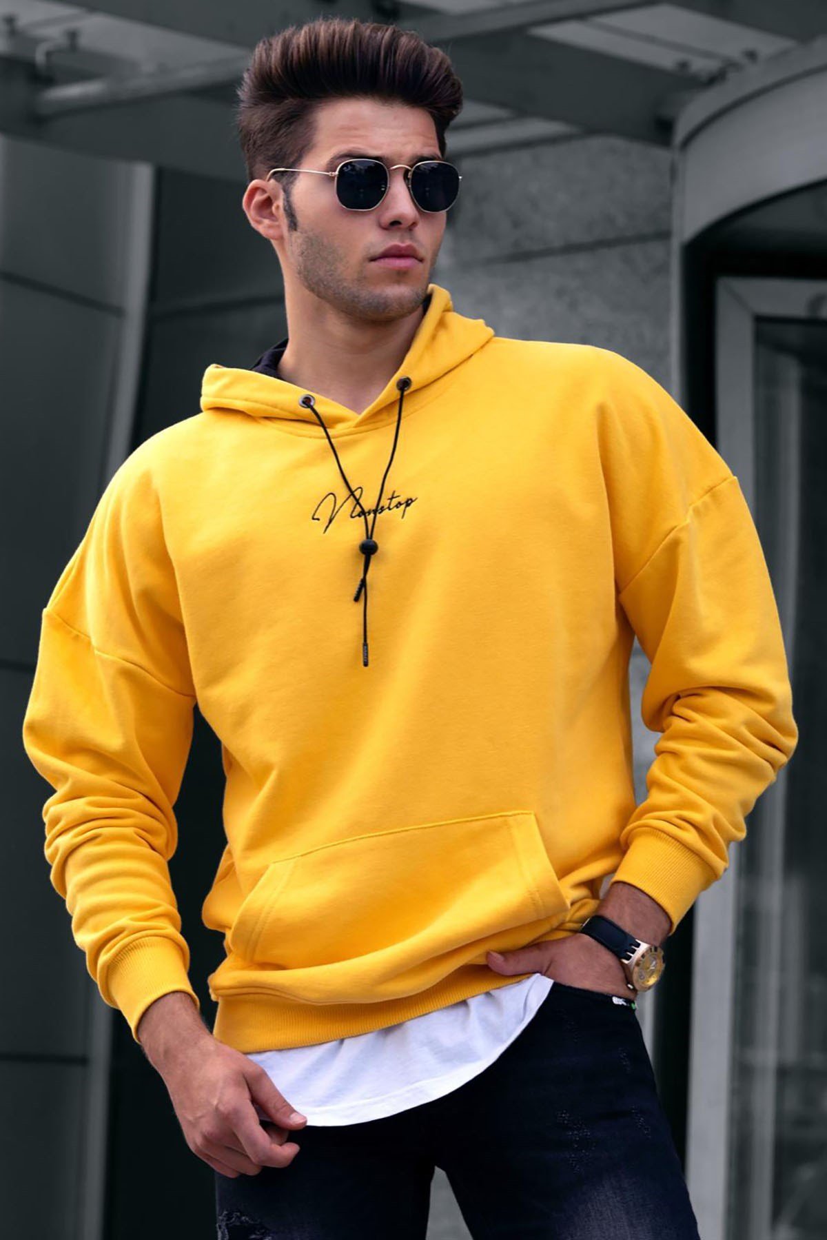 Madmext Basic Sarı Erkek Kapüşonlu Sweatshirt 4767