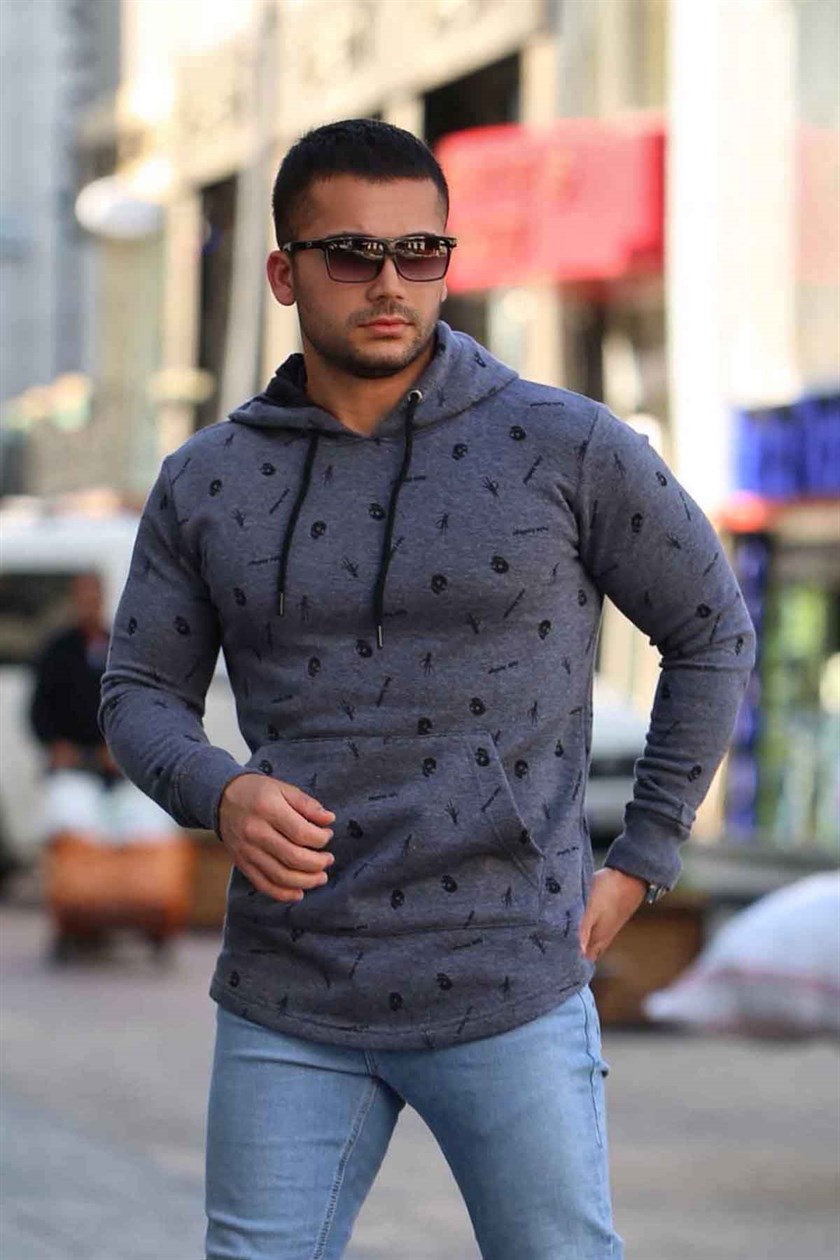 Madmext Baskı Detaylı Antrasit Kapşonlu Sweatshirt 2758