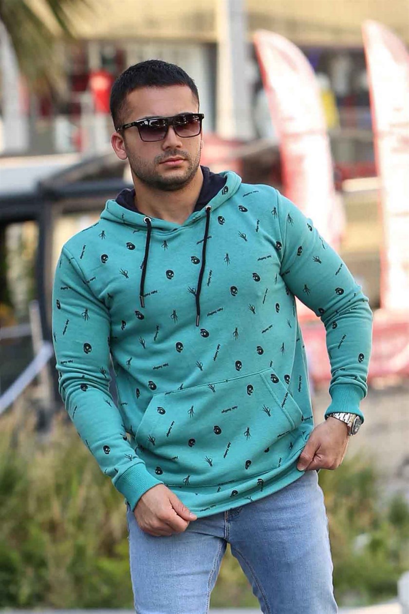 Madmext Baskı Detaylı Yeşil Kapşonlu Sweatshirt 2758