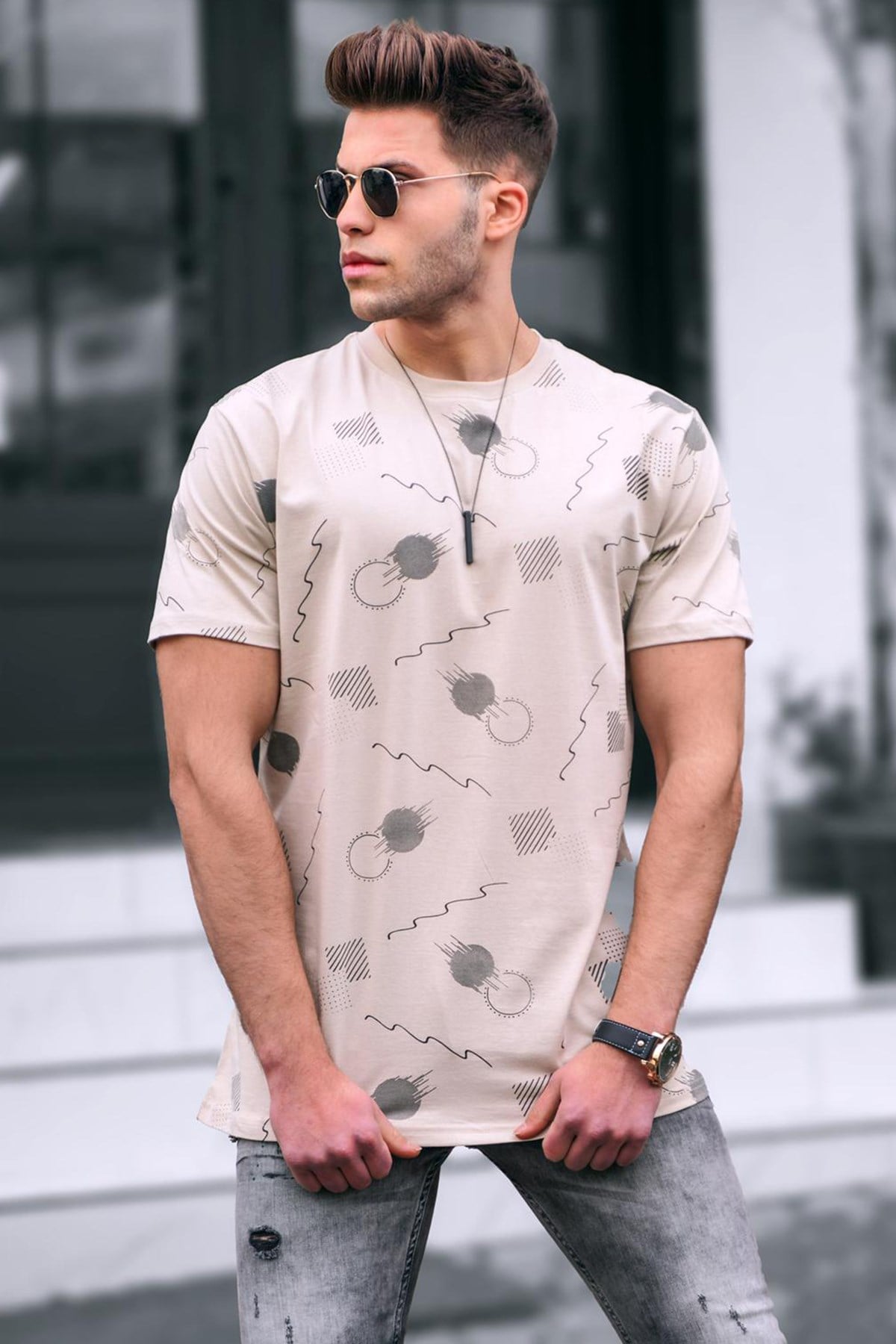 Madmext Baskılı Bej Oversize T-Shirt 5392