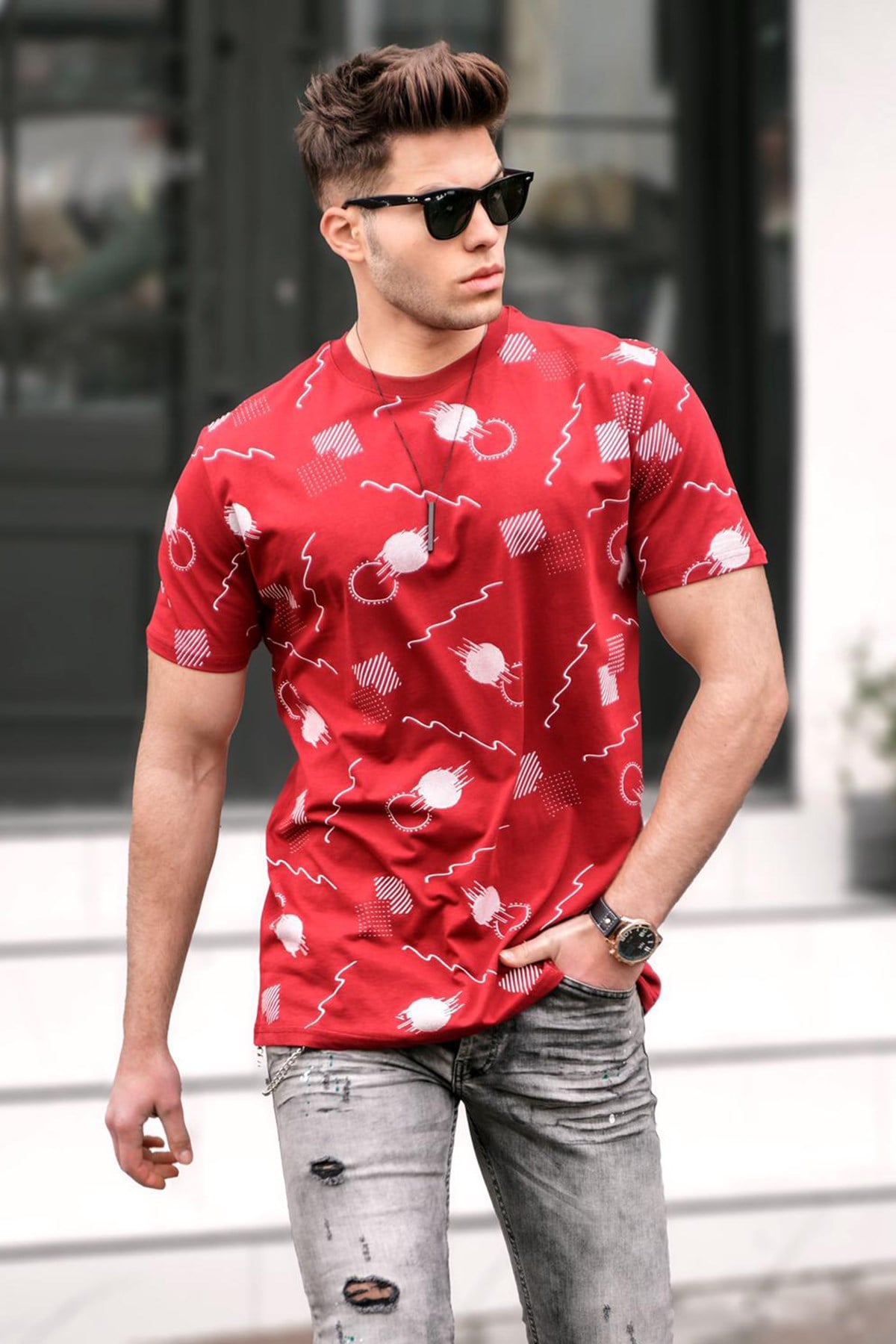 Madmext Baskılı Bordo Oversize T-Shirt 5392
