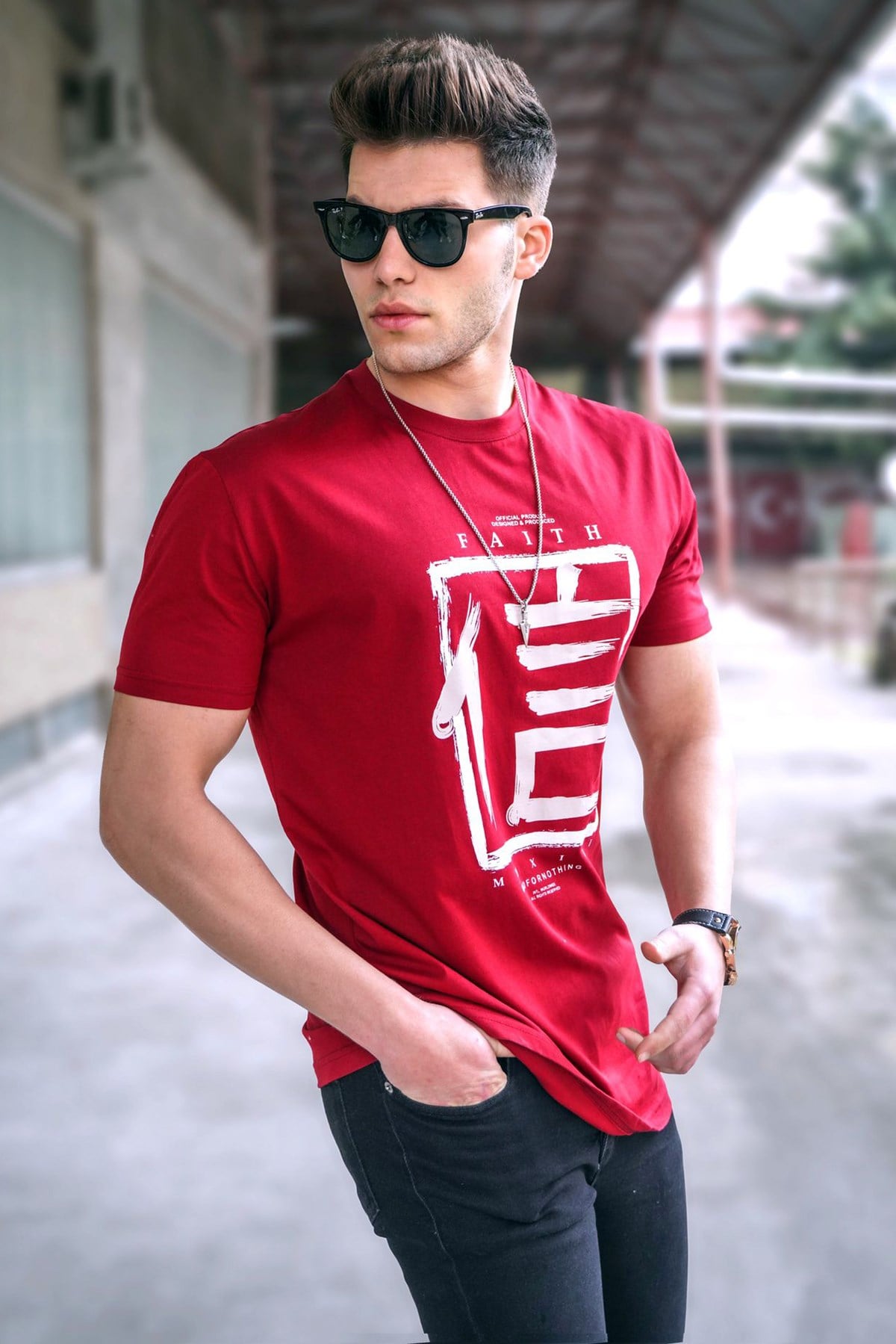 Madmext Baskılı Bordo Oversize T-Shirt 5390