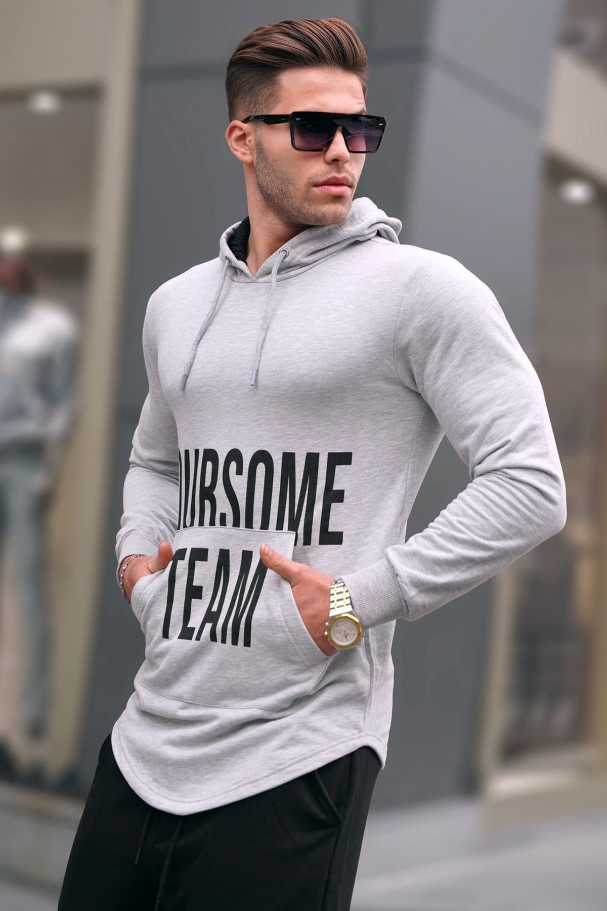 Madmext Grey Printed Hoodie 4148