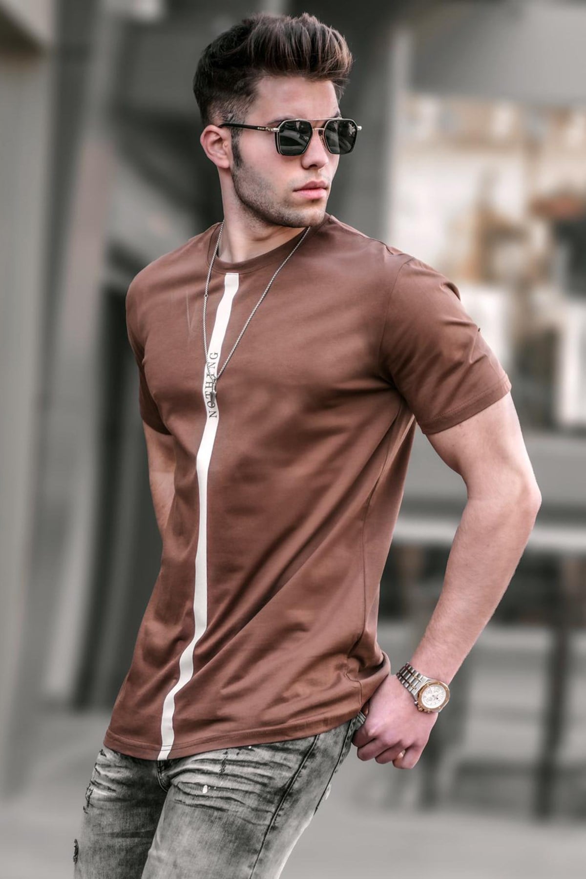 Madmext Baskılı Kahverengi T-Shirt 5378