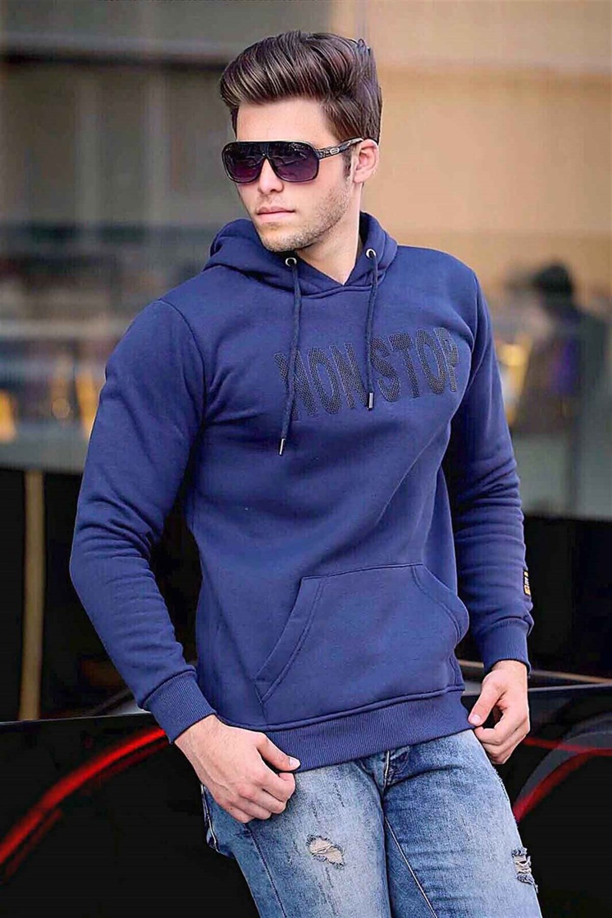 Navy blue printed hoodie