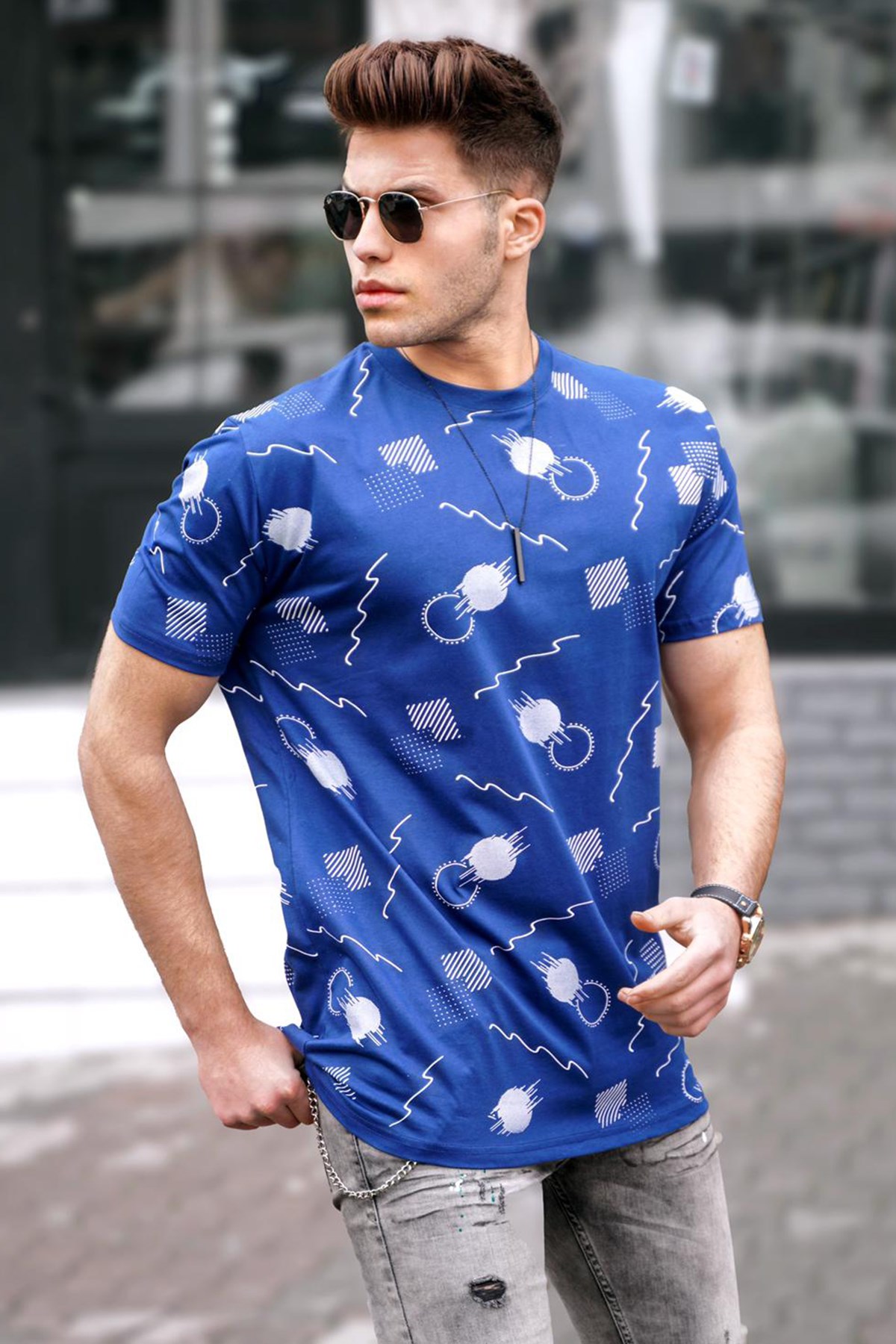 Madmext Baskılı Lacivert Oversize T-Shirt 5392