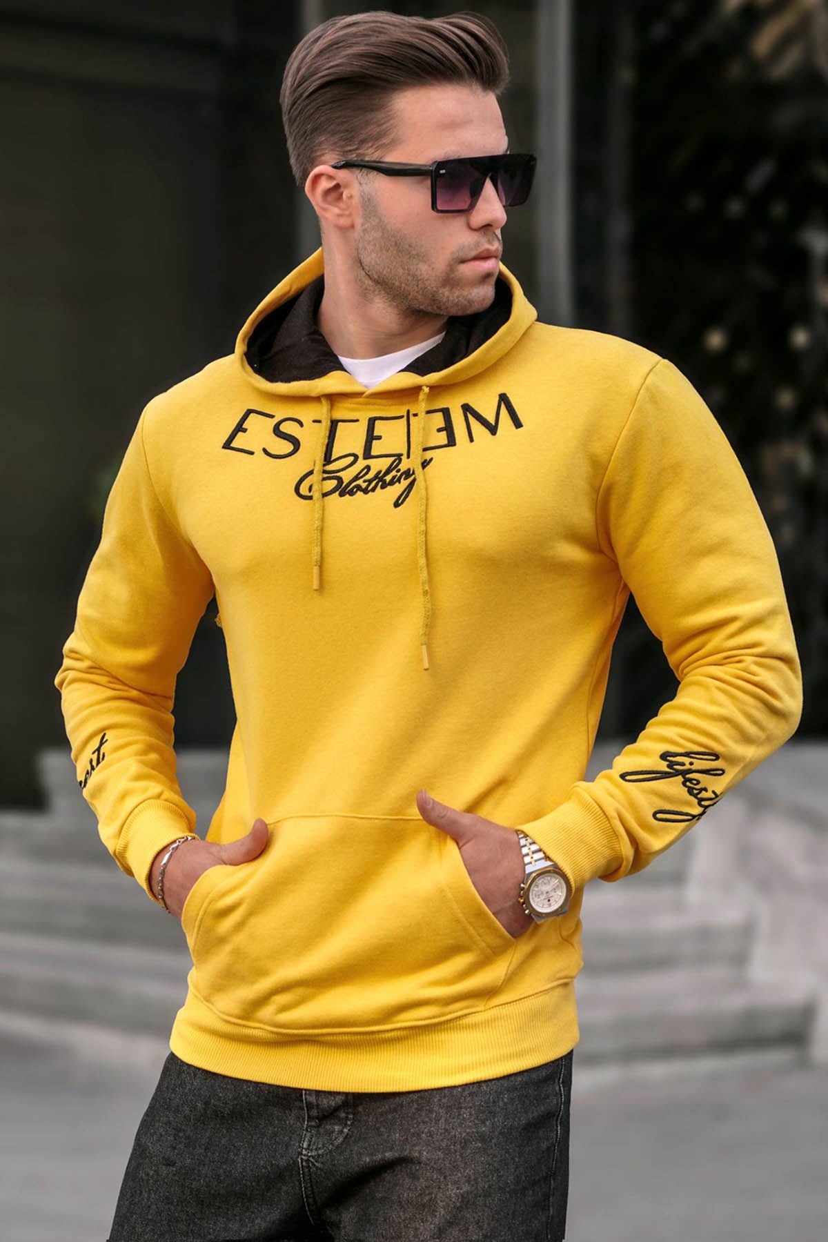Madmext Yellow Printed Hoodie 4402