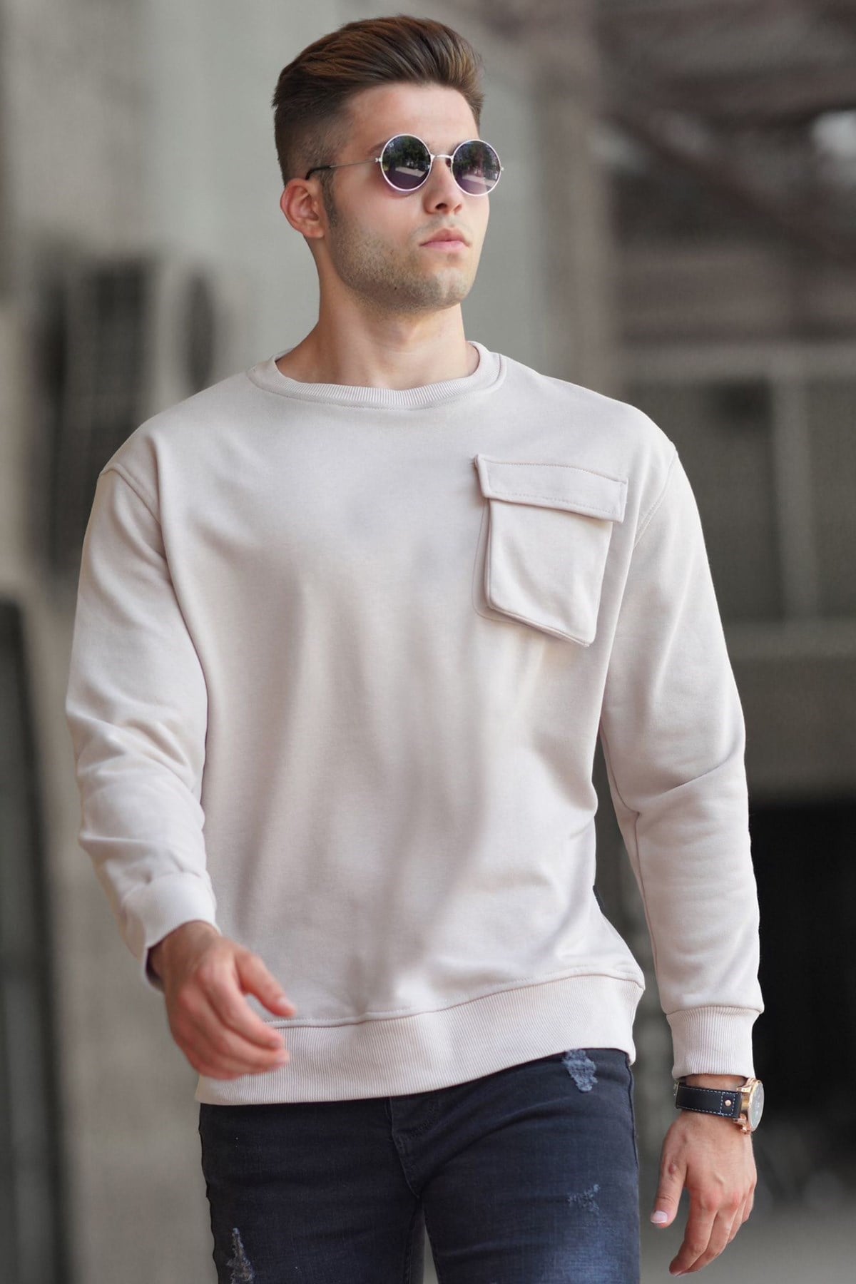Madmext Bej Bisiklet Yaka Sweatshirt 5320