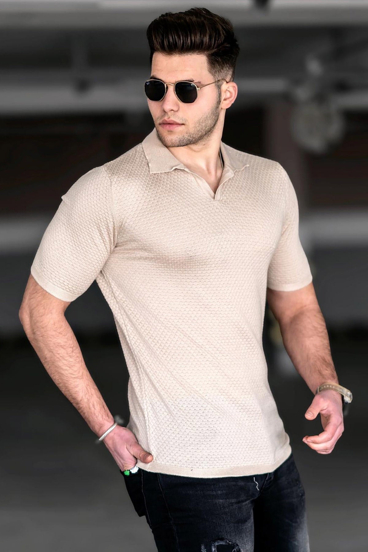 Madmext Bej Polo Yaka Tişört 5074