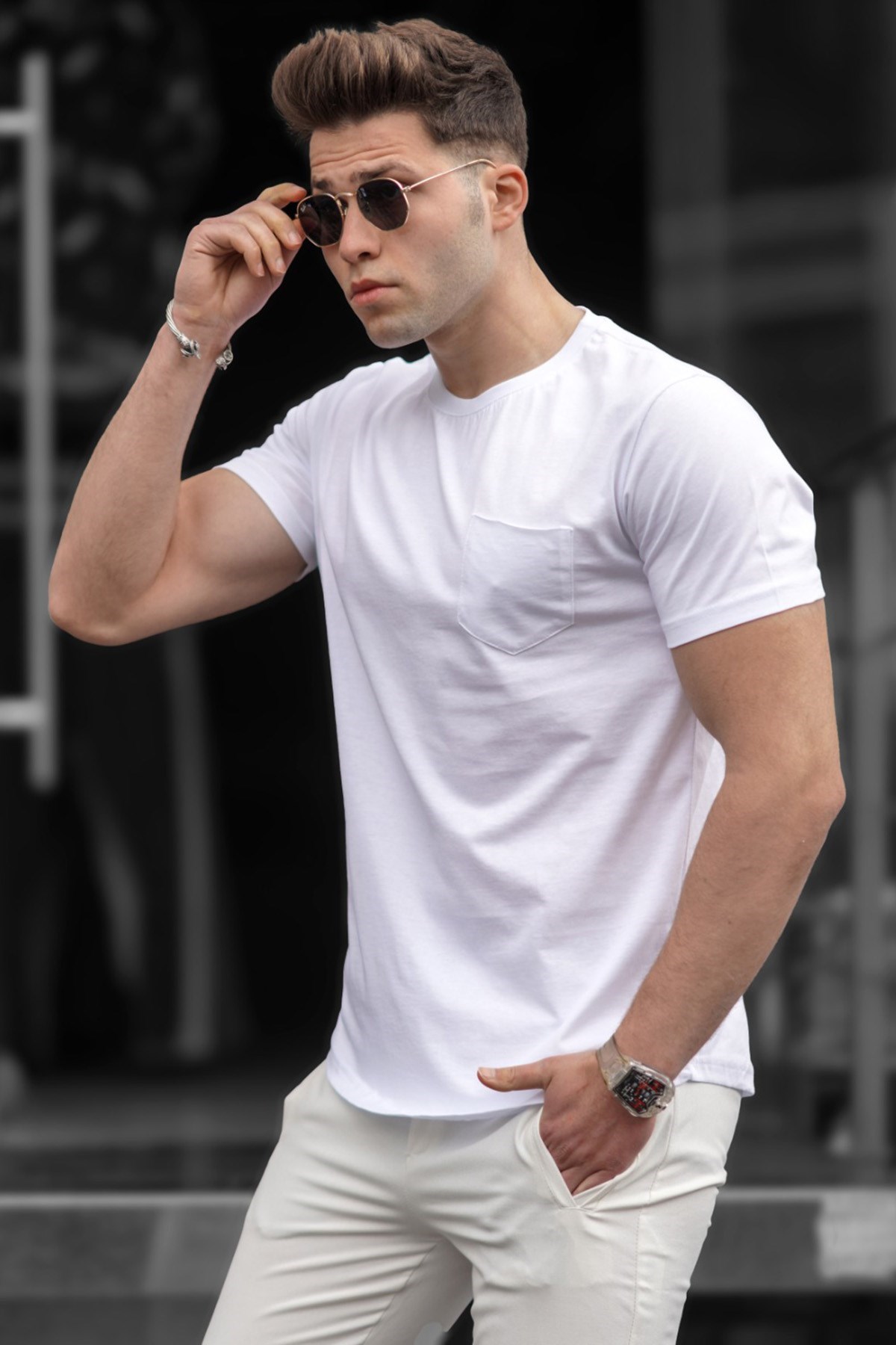 Madmext Men Front Pocket White T-shirt 5216