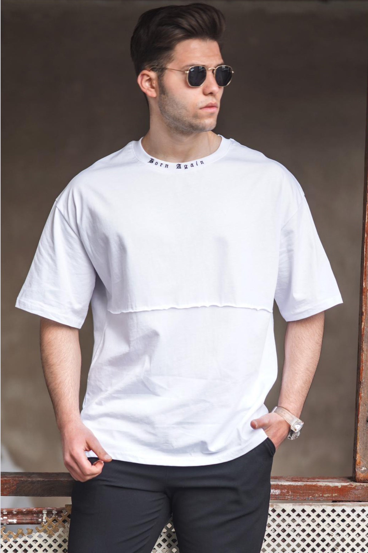 Madmext Beyaz Oversize Erkek Baskılı Tişört