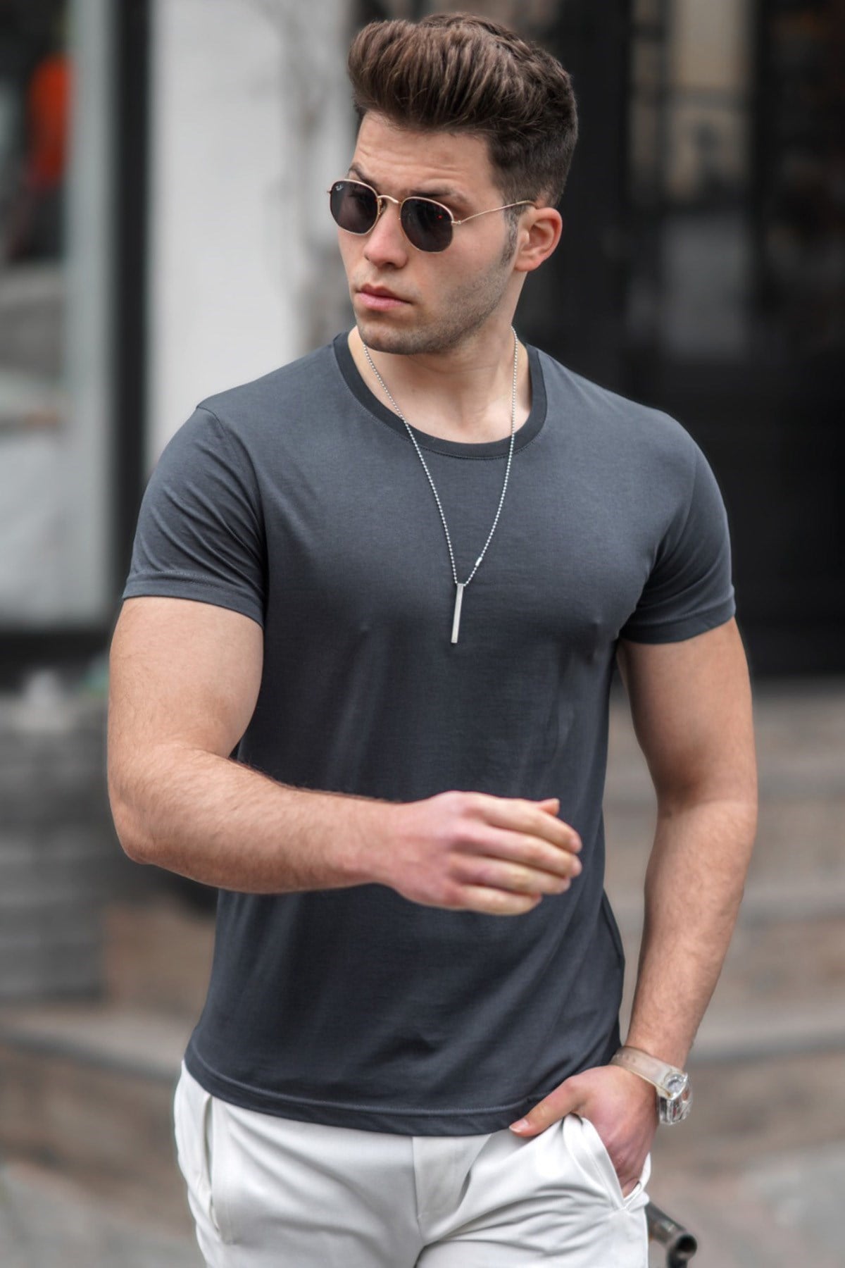 Madmext Bisiklet Yaka Basic Tişört Füme 3006