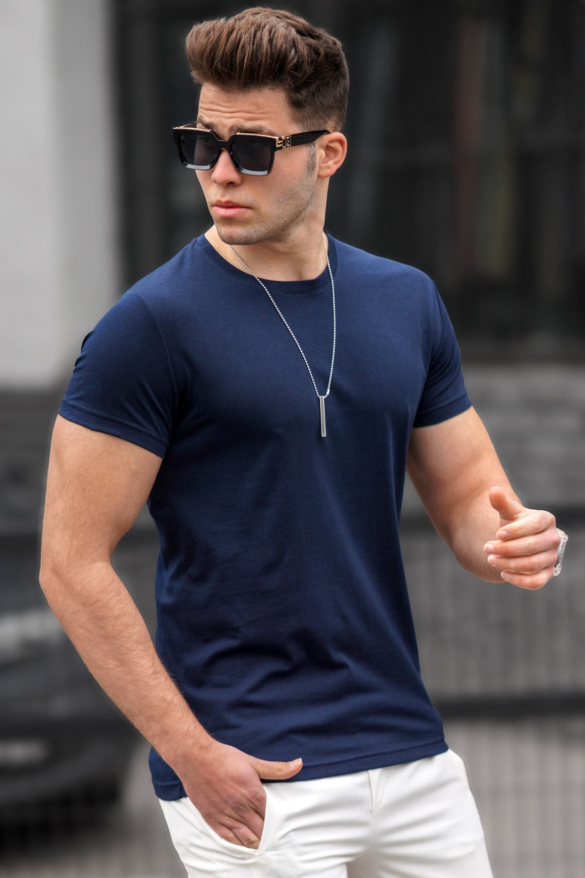 Madmext Bisiklet Yaka Basic Tişört Lacivert 3006