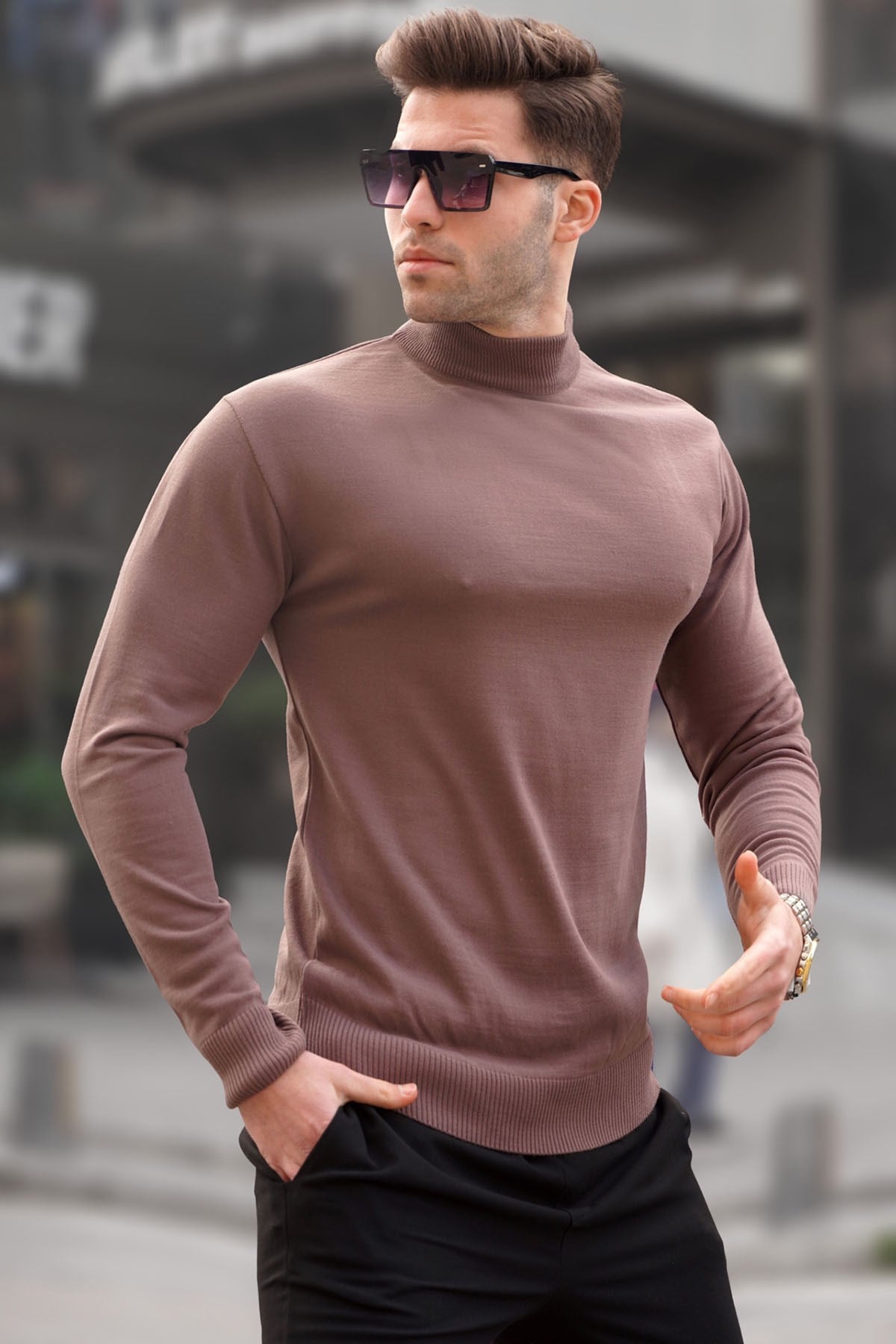 Madmext Bisküvi Renk Slim Fit Yarım Balıkçı Yaka Erkek Triko Kazak 6343