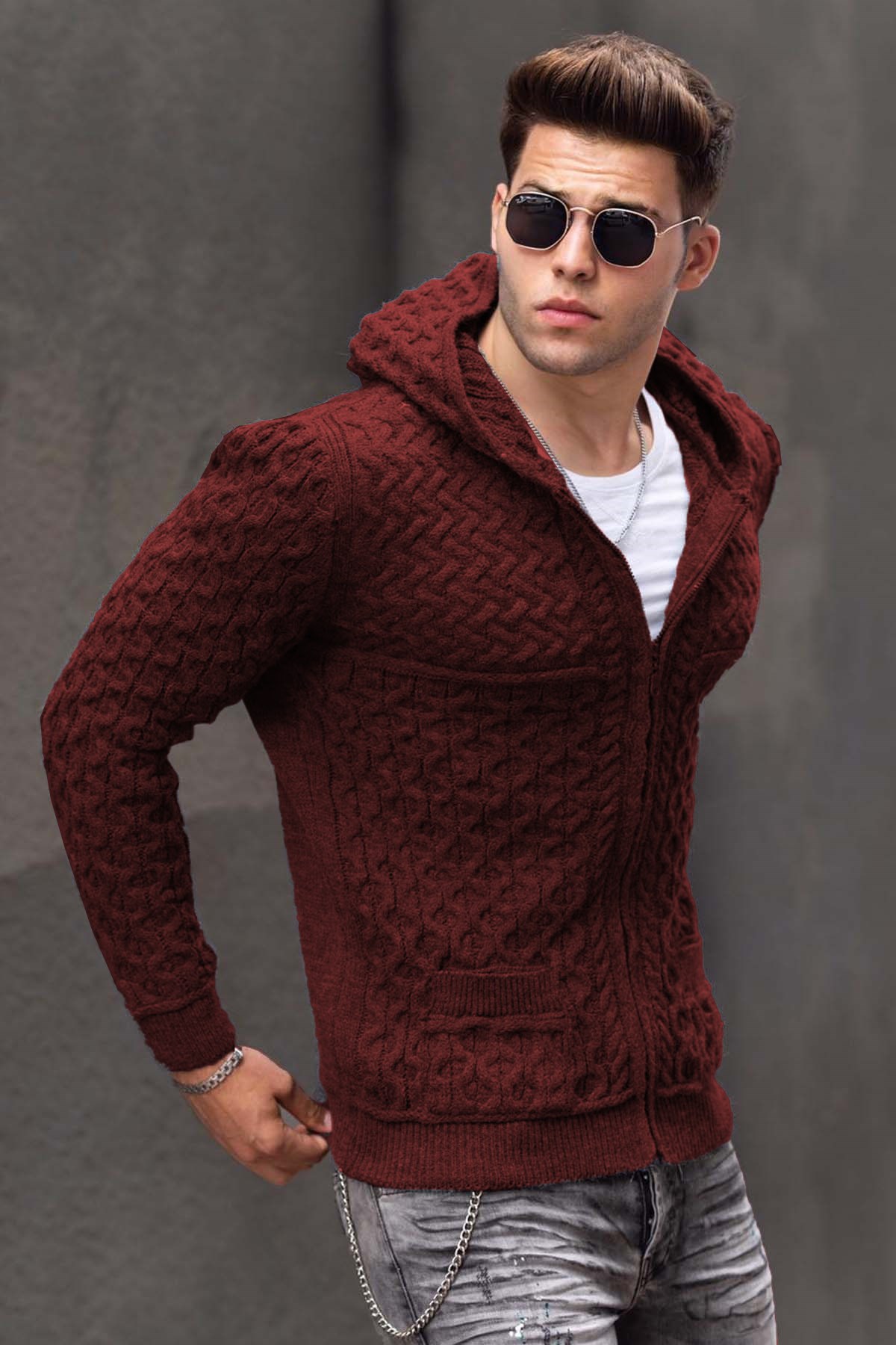 Men Maroon Knitted Hoodie Cardigan -- Madmext